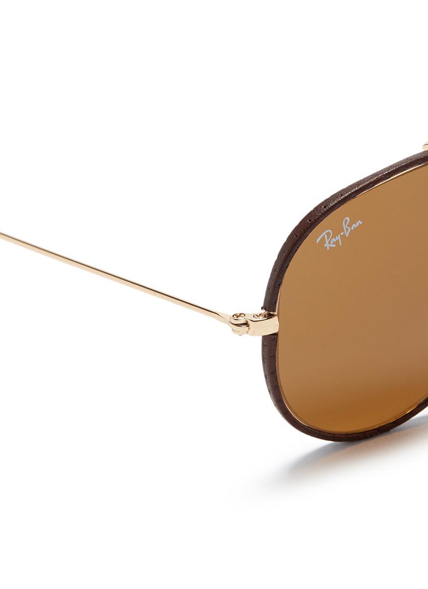 Ray-Ban 'outdoorsman Craft' Leather Wrap Metal Aviator Sunglasses in  Metallic | Lyst