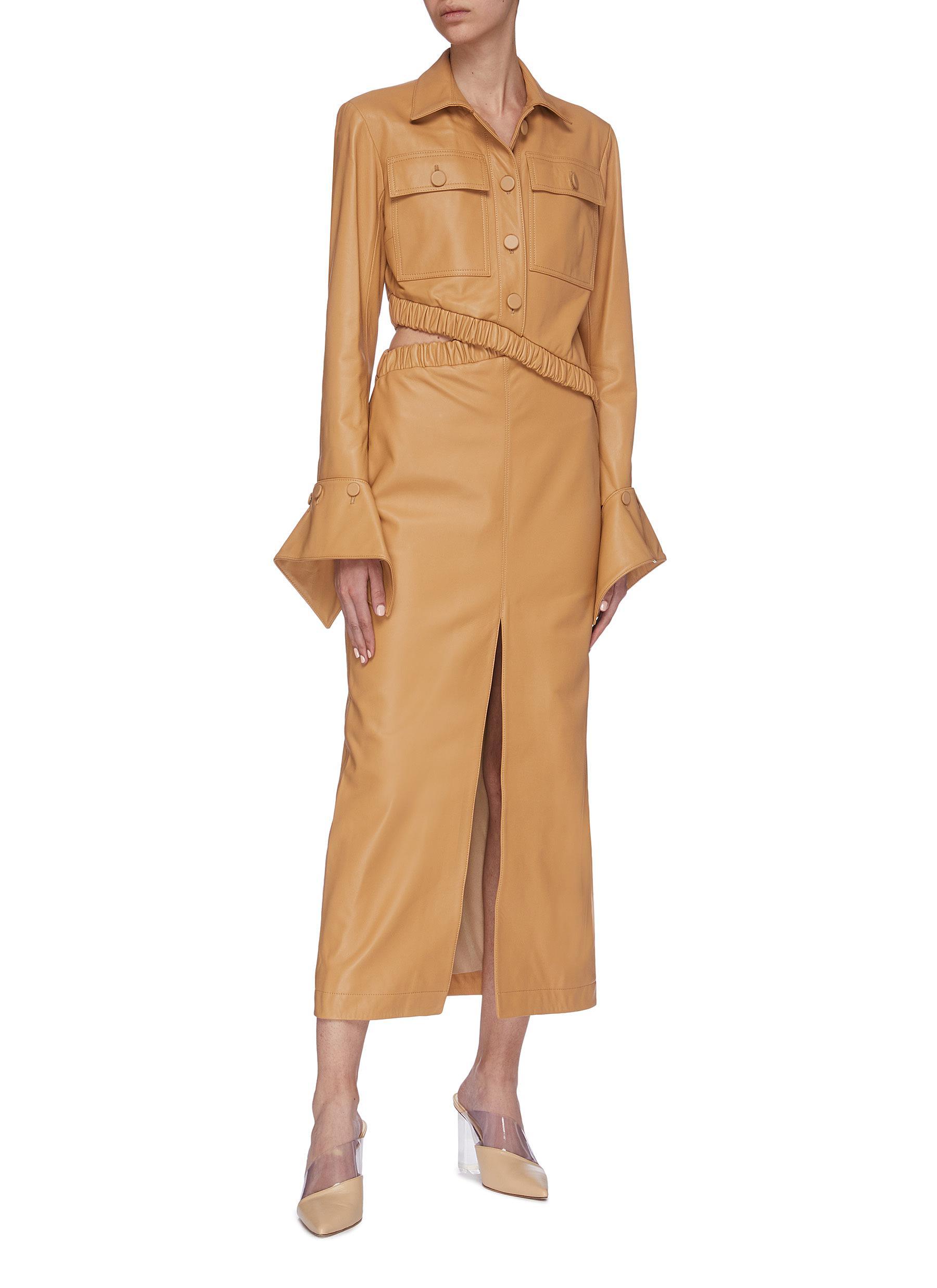 ROKH Ruched Cutout Waist Leather Dress 