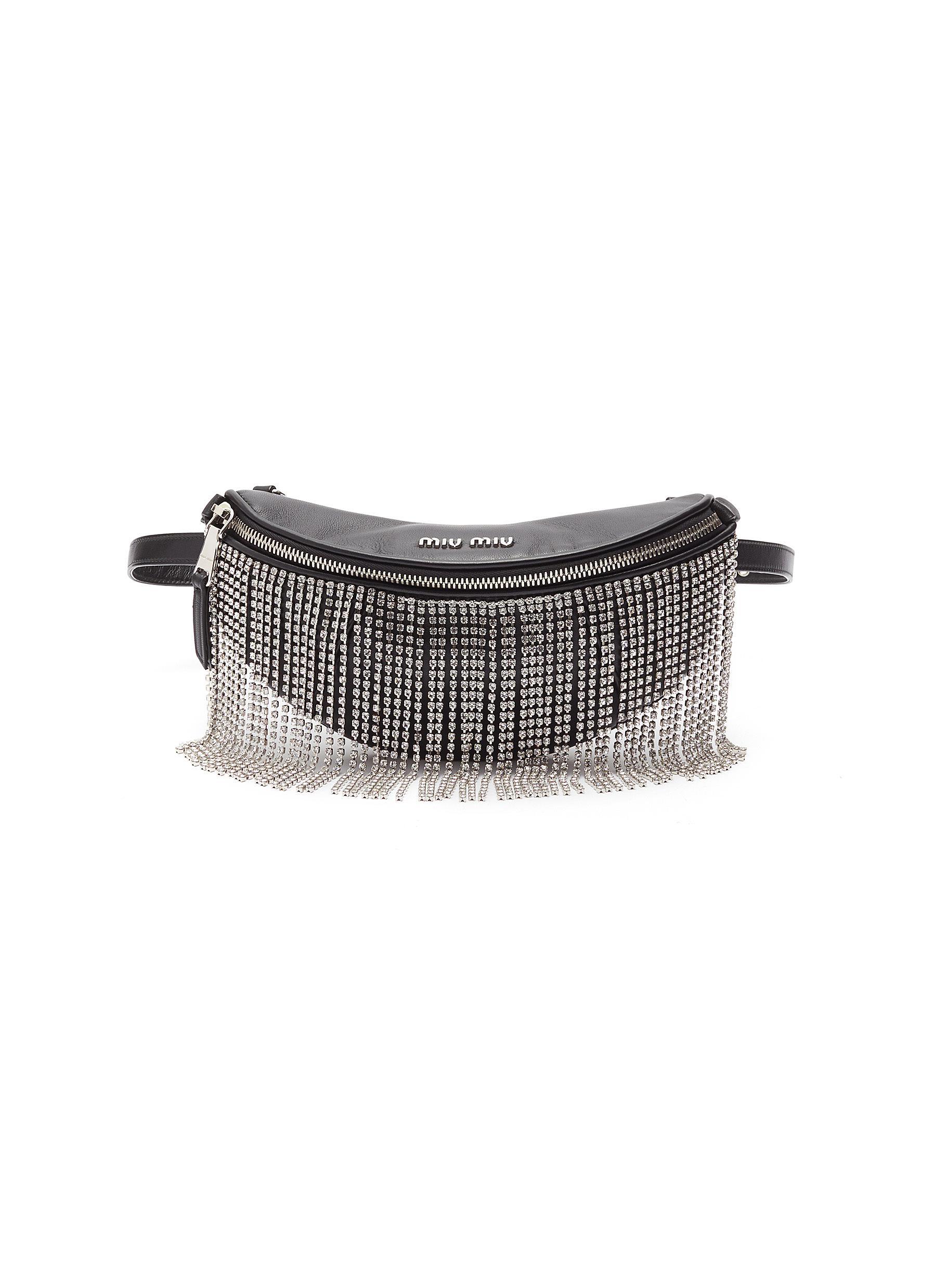 Miu Miu Leather Crystal Fringes Fanny Pack in Black | Lyst