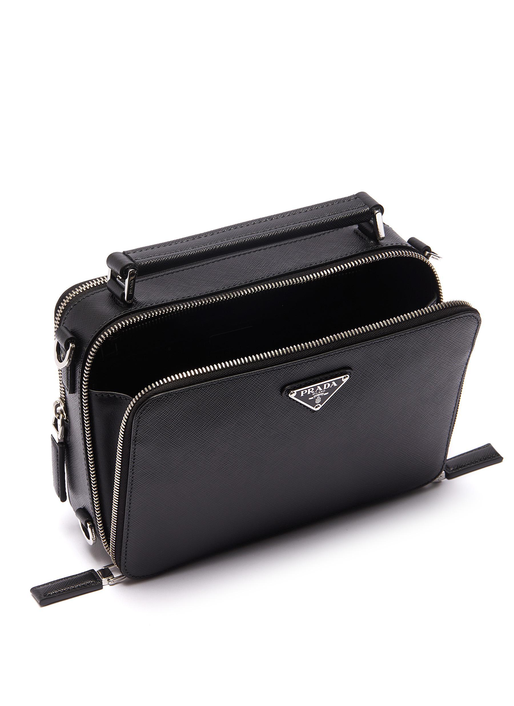 Lyst - Prada Logo Plate Mini Saffiano Leather Messenger Bag in Black