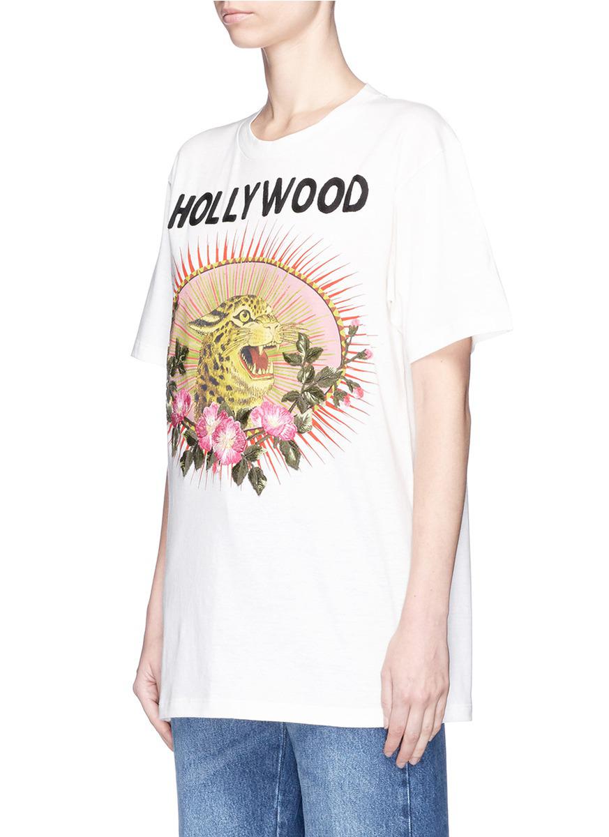 tricky dårligt Registrering Gucci 'hollywood' Leopard And Lightning Bolt Print Oversized T-shirt in  White | Lyst