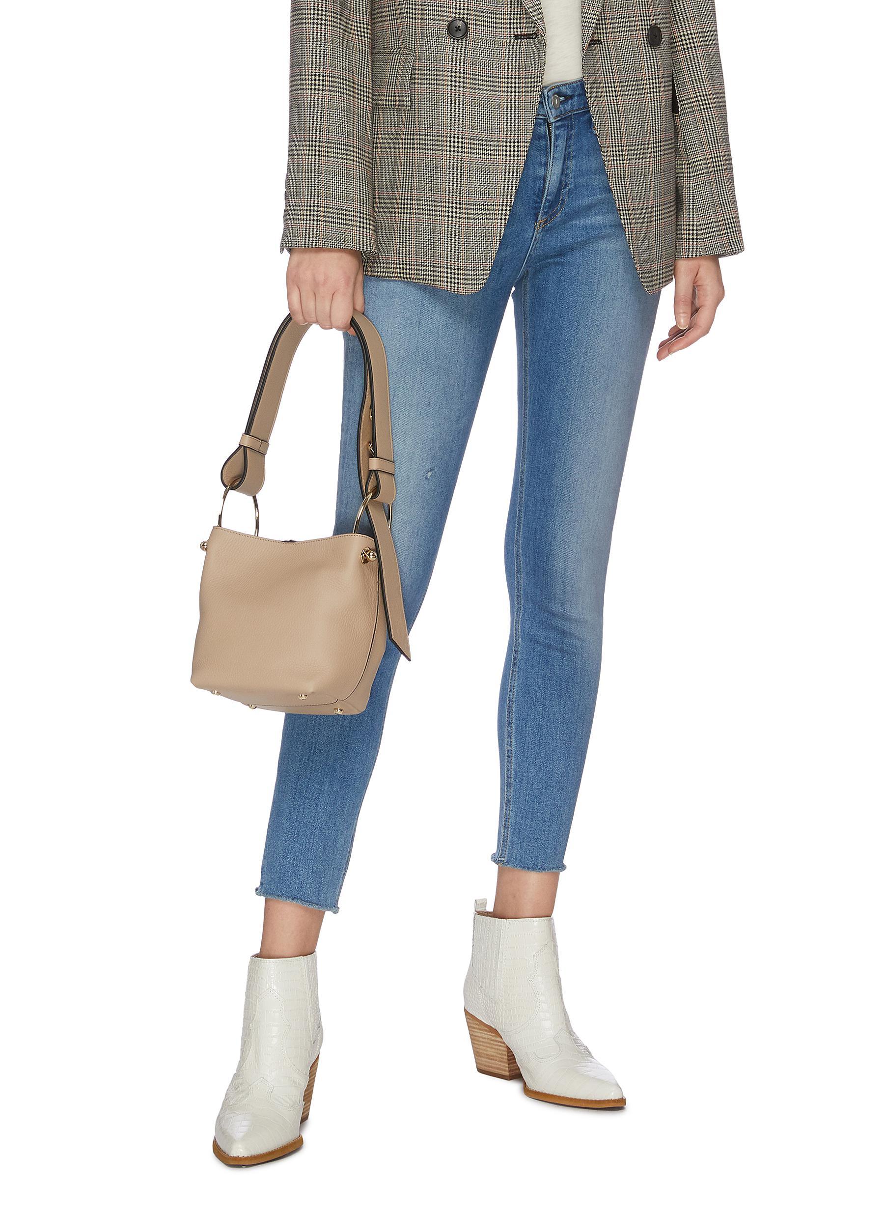 grey leather bucket bag