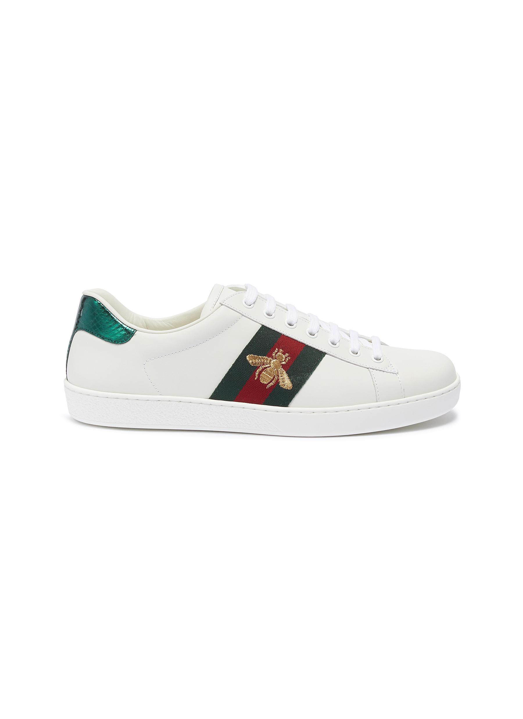 Gucci 'ace' Bee Embroidered Web Stripe Leather Sneakers in White for ...
