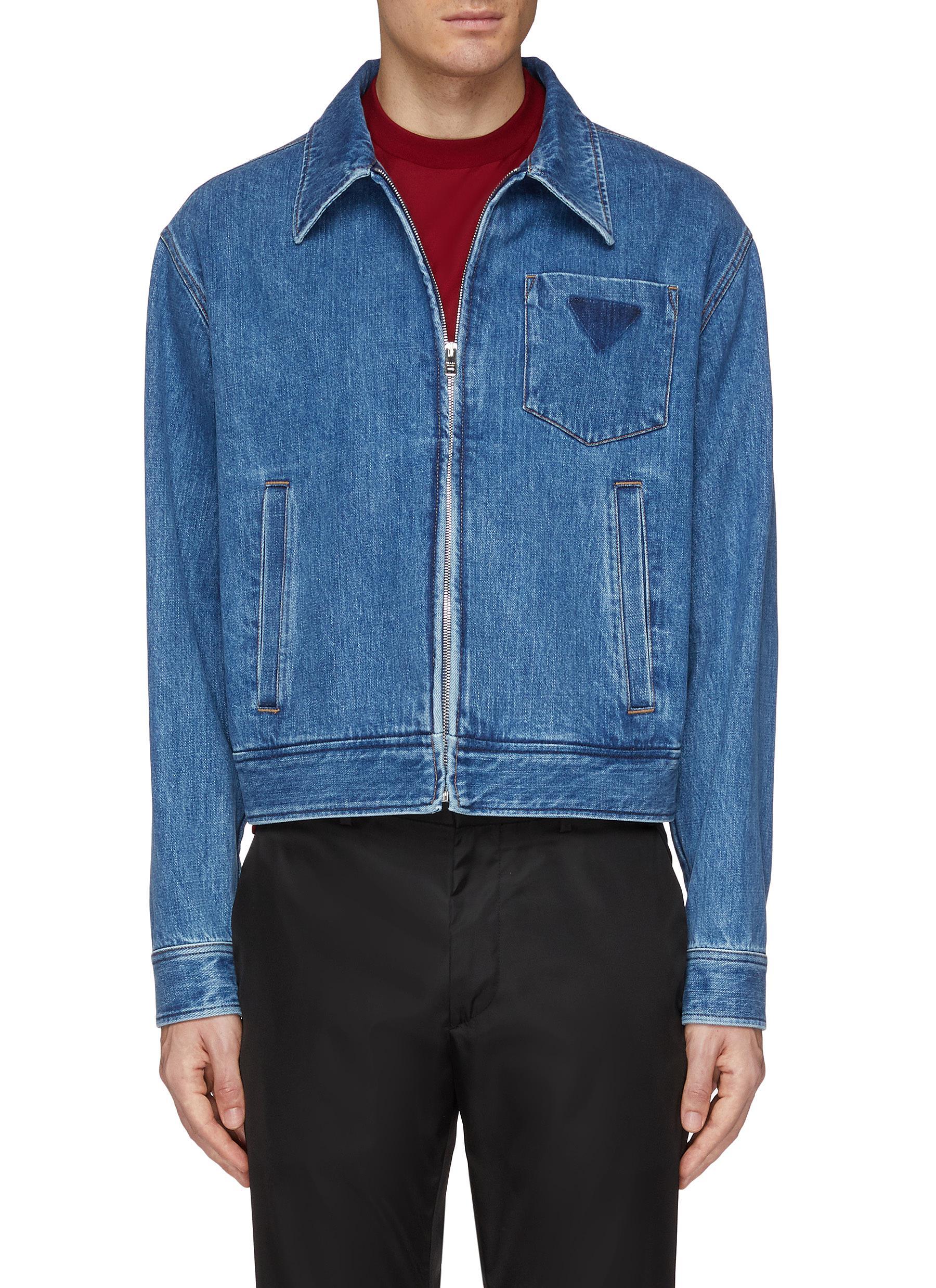 Prada Logo Print Zip Front Denim Jacket in Blue for Men | Lyst