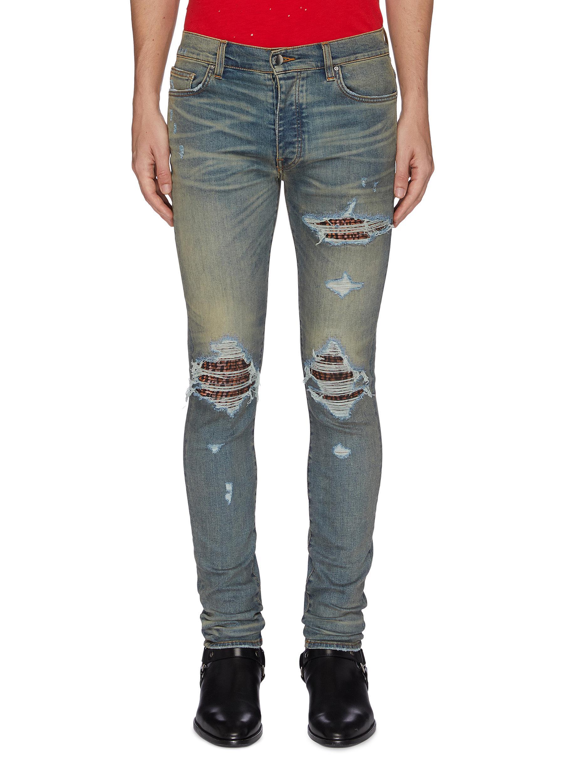 Amiri 'mx1' Leopard Print Patch Ripped Skinny Jeans in Blue for Men | Lyst