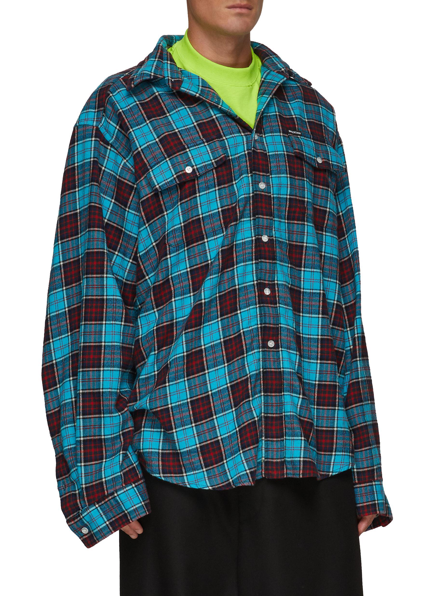 Balenciaga Oversized Check Flannel Two In One Cotton Shirt in Blue for Men  | Lyst