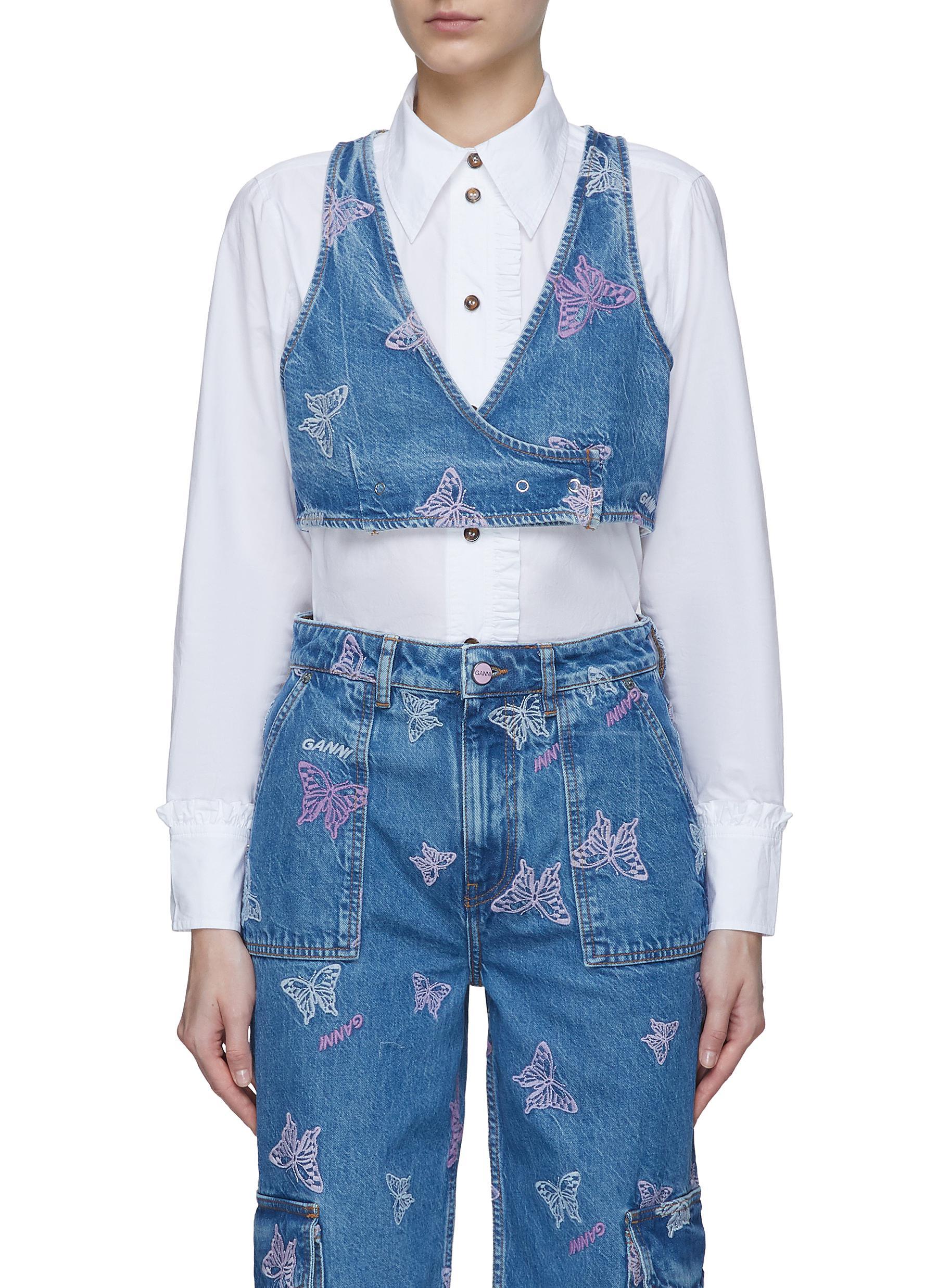 Ganni Butterfly Embroidery Washed Denim Cropped Vest in Blue Lyst