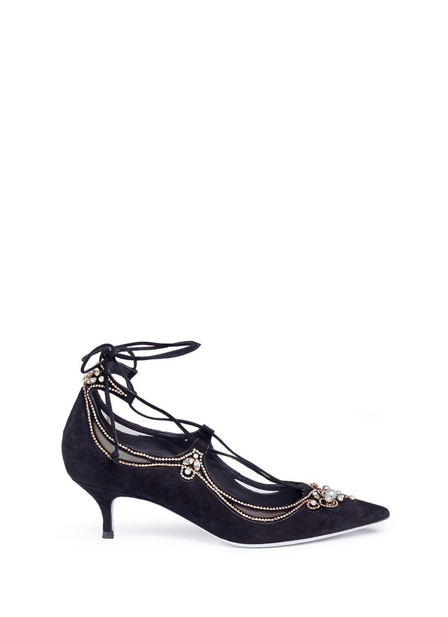Rene Caovilla 'decollete' Strass Faux Pearl Suede Pumps in Blue | Lyst