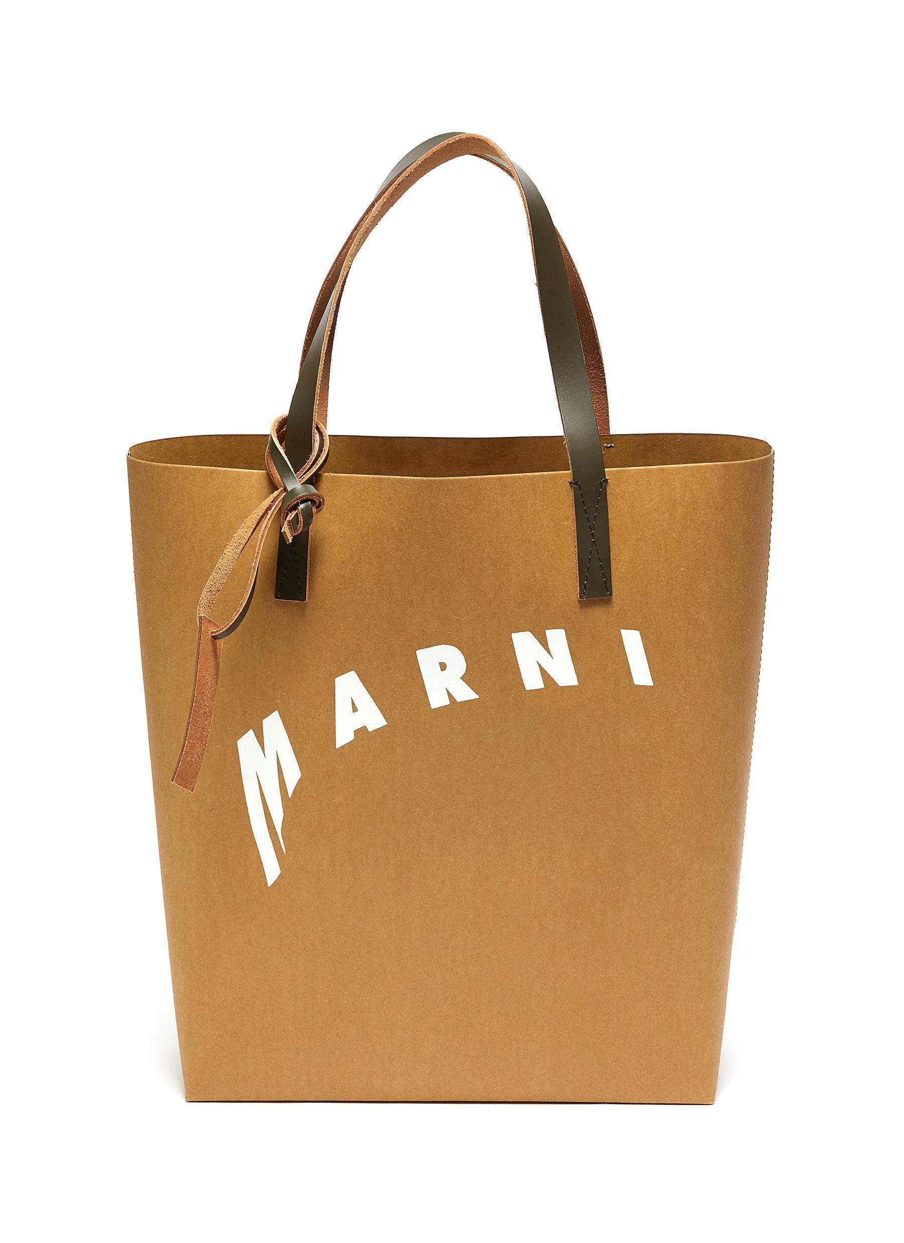 Marni Leather Logo Print Cellulose Shopping Bag Tote in Brown 
