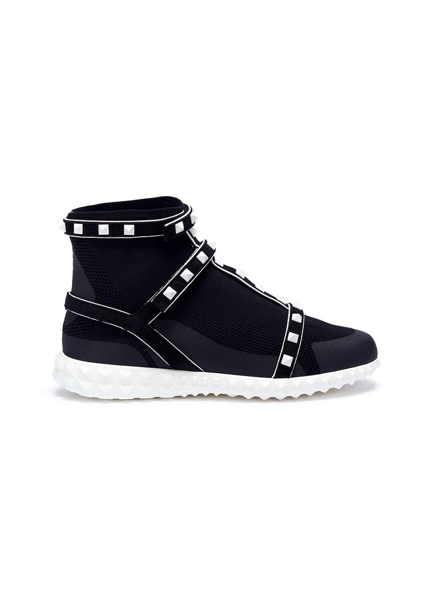 Valentino Rubber 'rockstud' Caged Knit Sock Sneakers in Black - Lyst