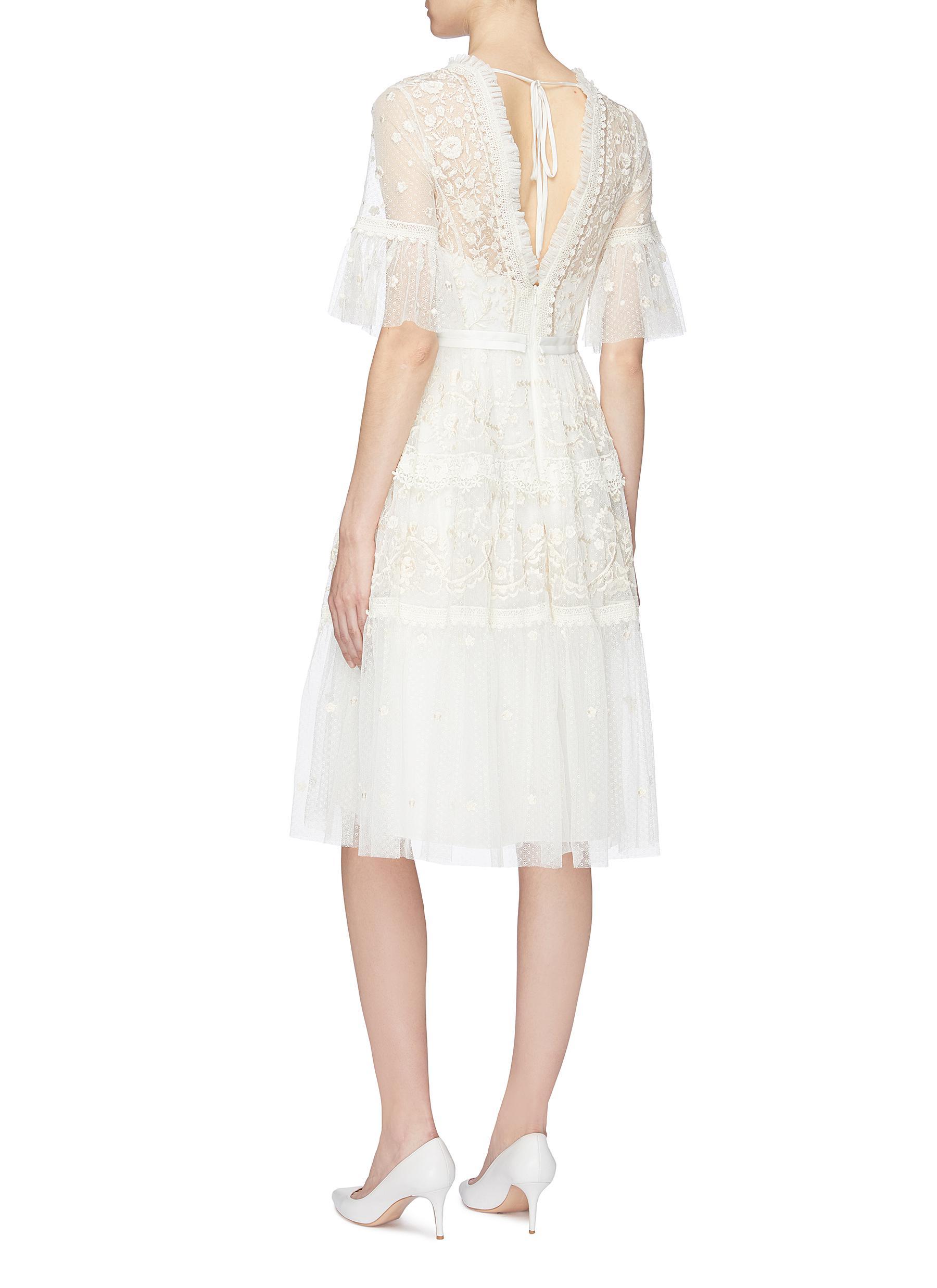 needle & thread embroidered midi dress with flutter sleeve in ivory
