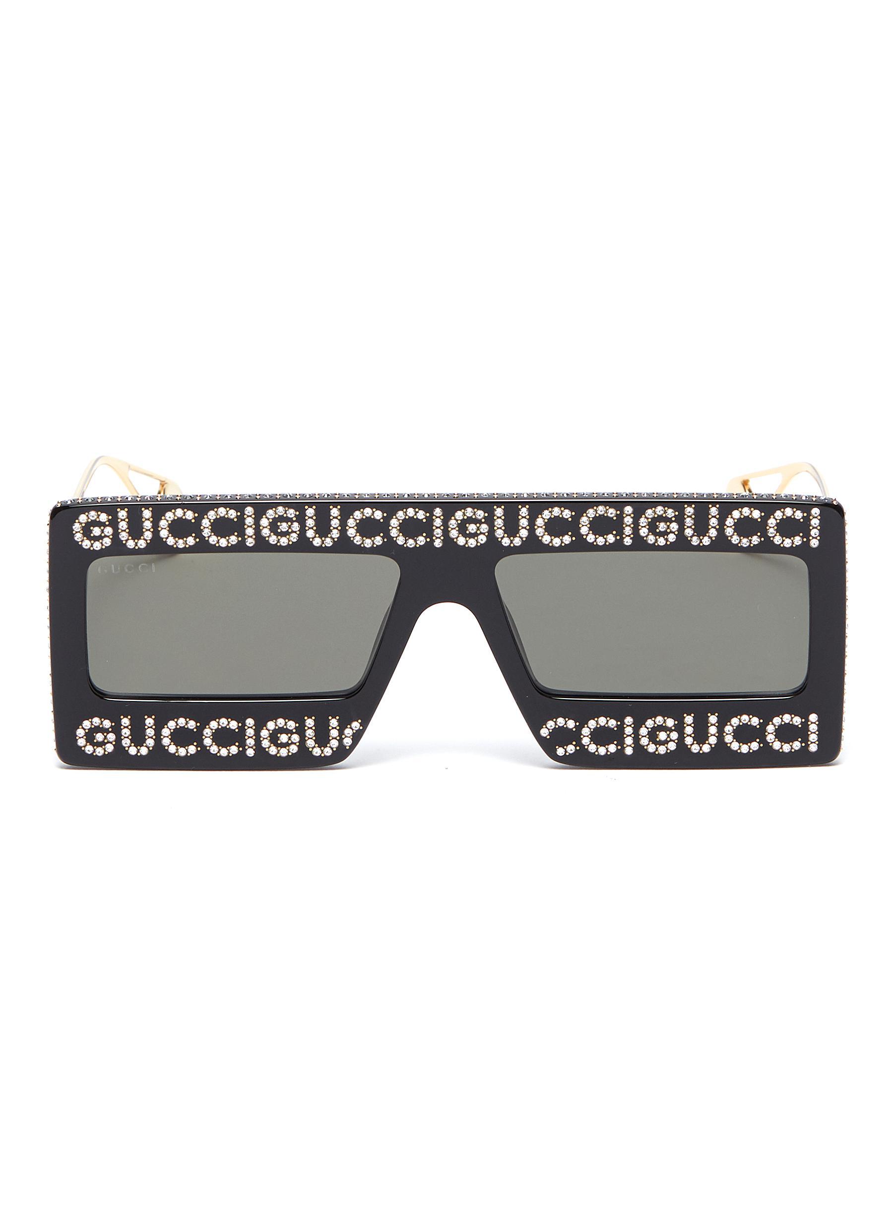 Gucci Glass Crystal Logo Acetate Frame Front Square Sunglasses in Black -  Lyst