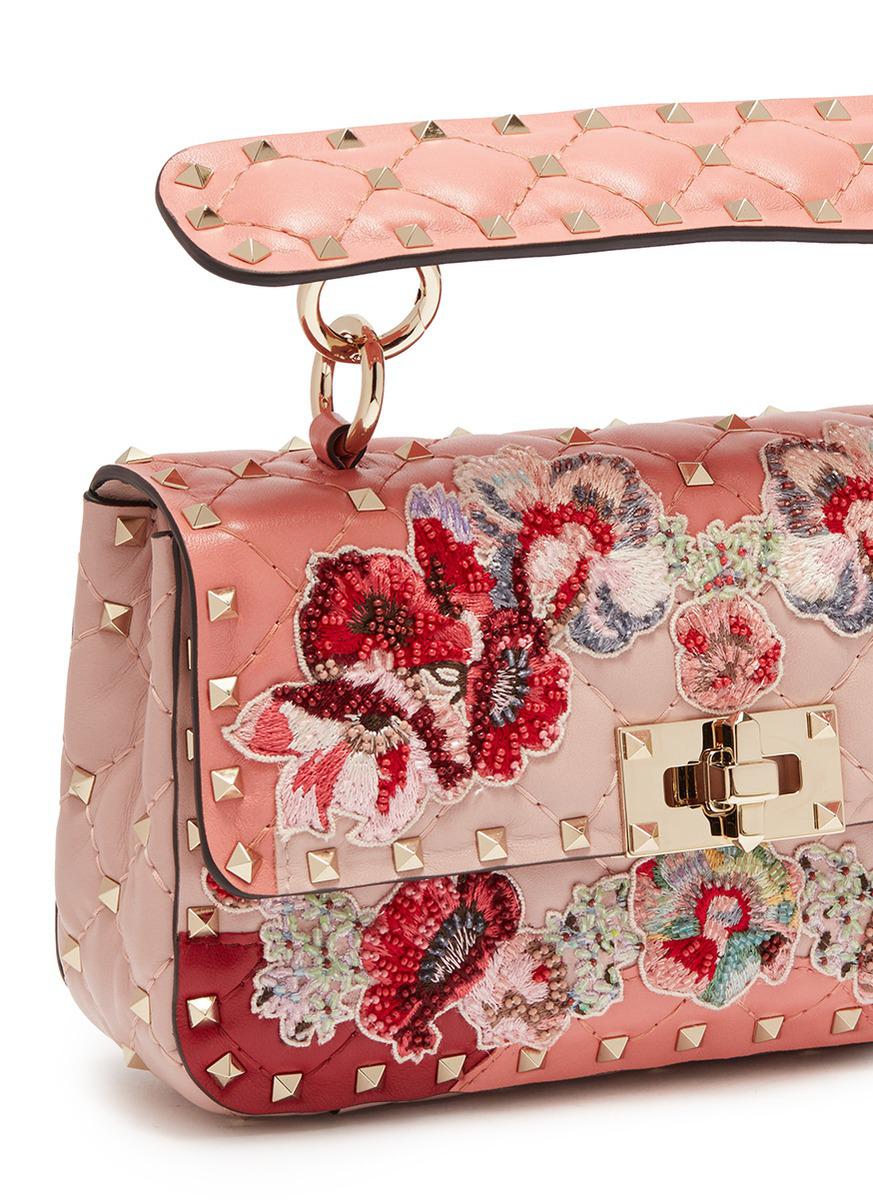 Valentino 'rockstud Spike' Floral Appliqué Small Quilted Leather 
