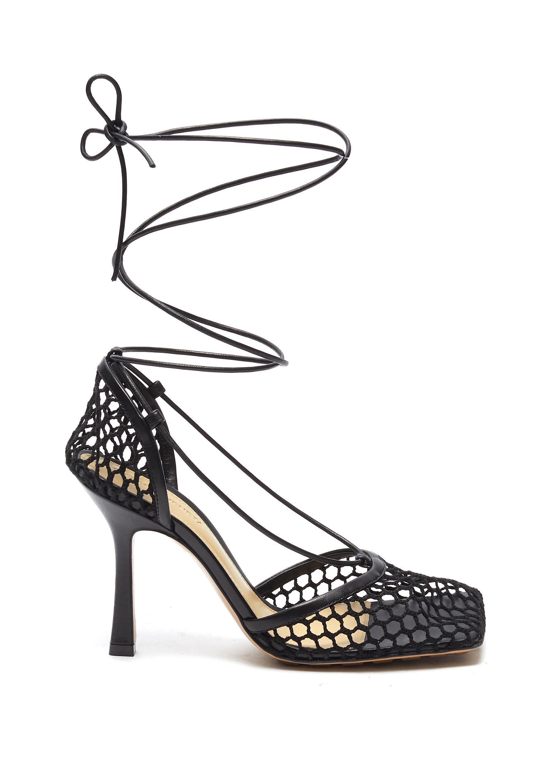 Bottega Veneta Fishnet Mesh Leather Anklet Heeled Sandals in Black - Lyst