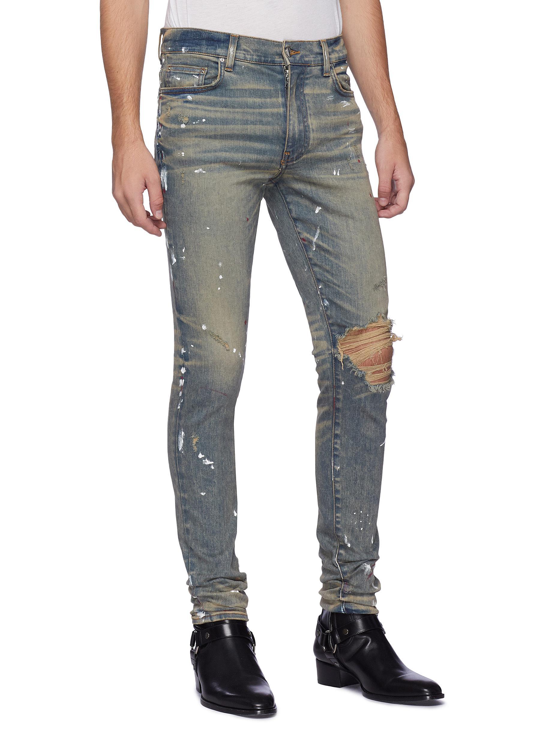 Amiri 'artist' Paint Splatter Ripped Skinny Jeans in Blue for Men