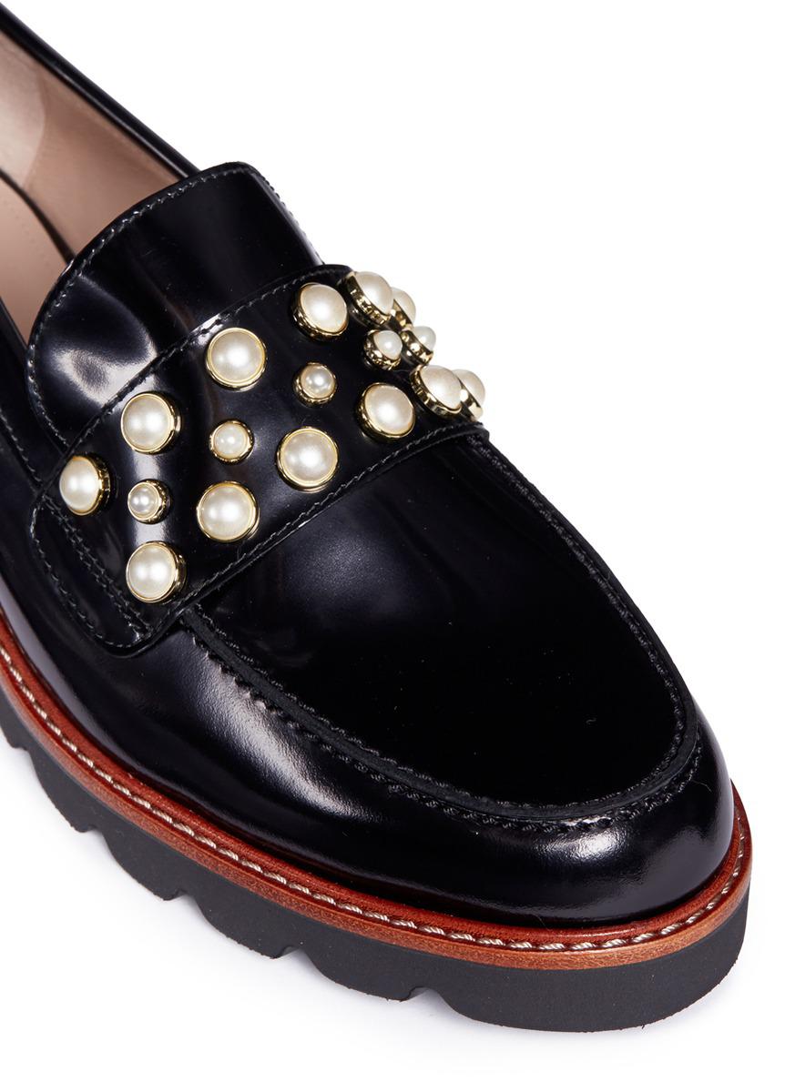Stuart Weitzman 'moc Pearl' Embellished Spazzolato Leather Loafers in