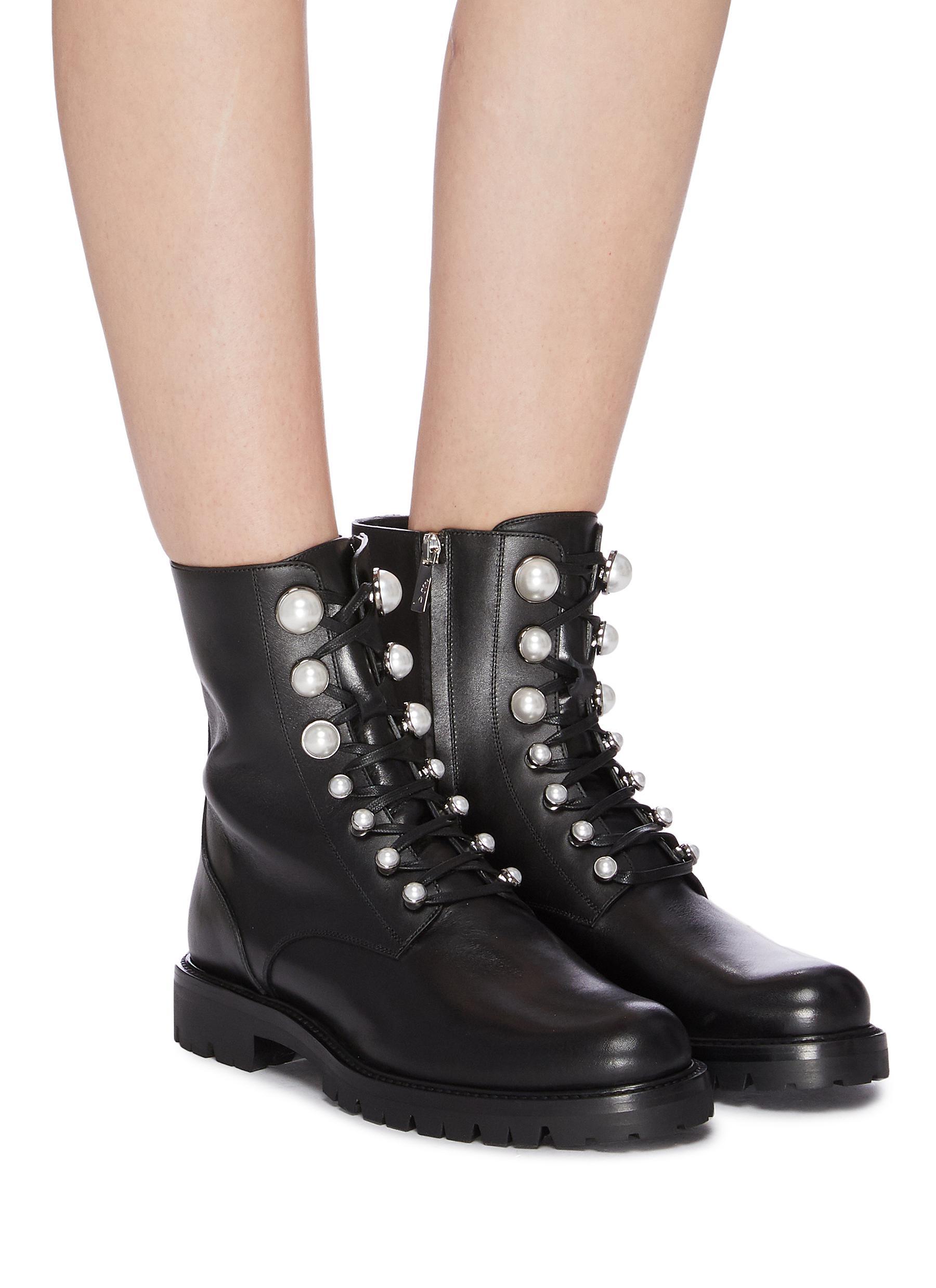 Rene Caovilla Leather Pearl Embellished Lace Up Boots in Black - Lyst