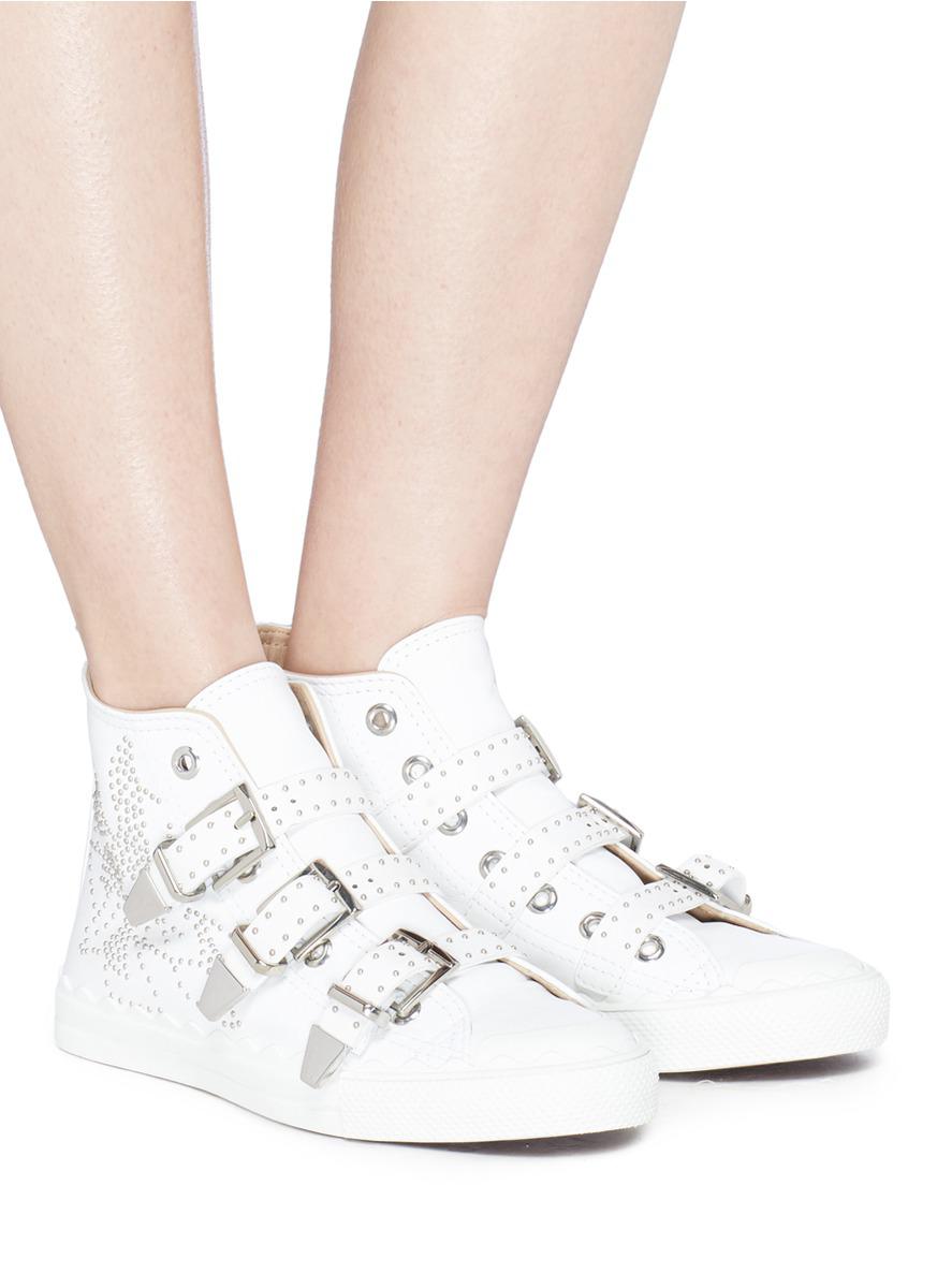 Chloé 'kyle' Buckled Stud Leather Sneakers in White | Lyst
