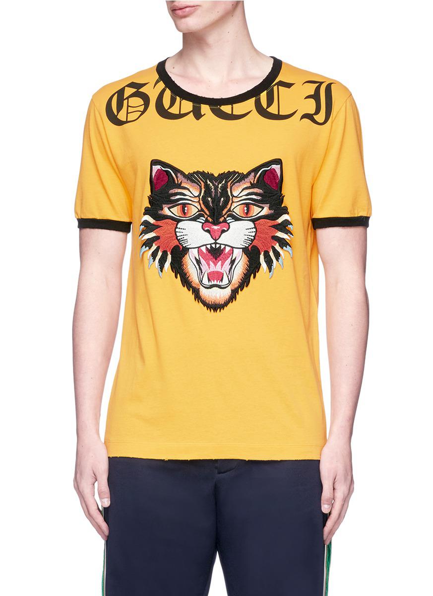 Gucci Cotton Cat Appliqué T-shirt Yellow & Orange for Men - Lyst