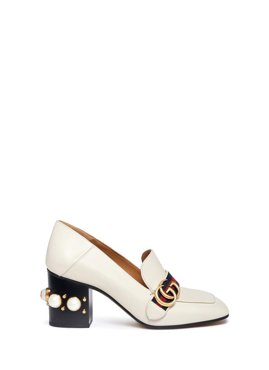 Gucci 'peyton' Gg Pearl Heel Leather Loafer Pumps in White | Lyst