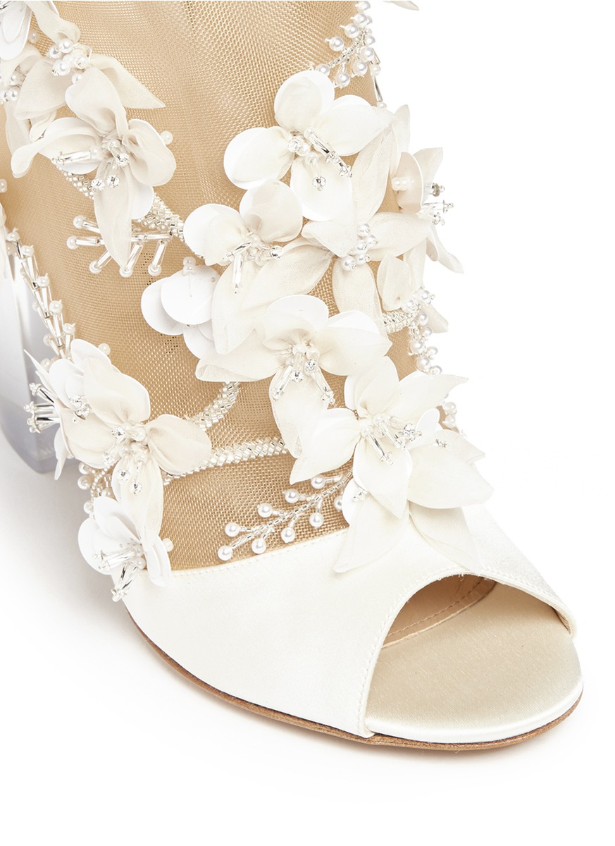 Paul Andrew 'bijoux' Floral Appliqué Mesh Satin Sandals in White | Lyst