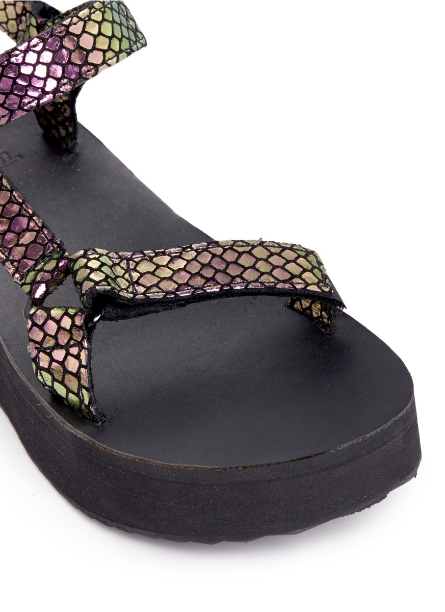 Teva 'flatform Universal Iridescent' Snakeskin Embossed Leather Sandals in  Black | Lyst