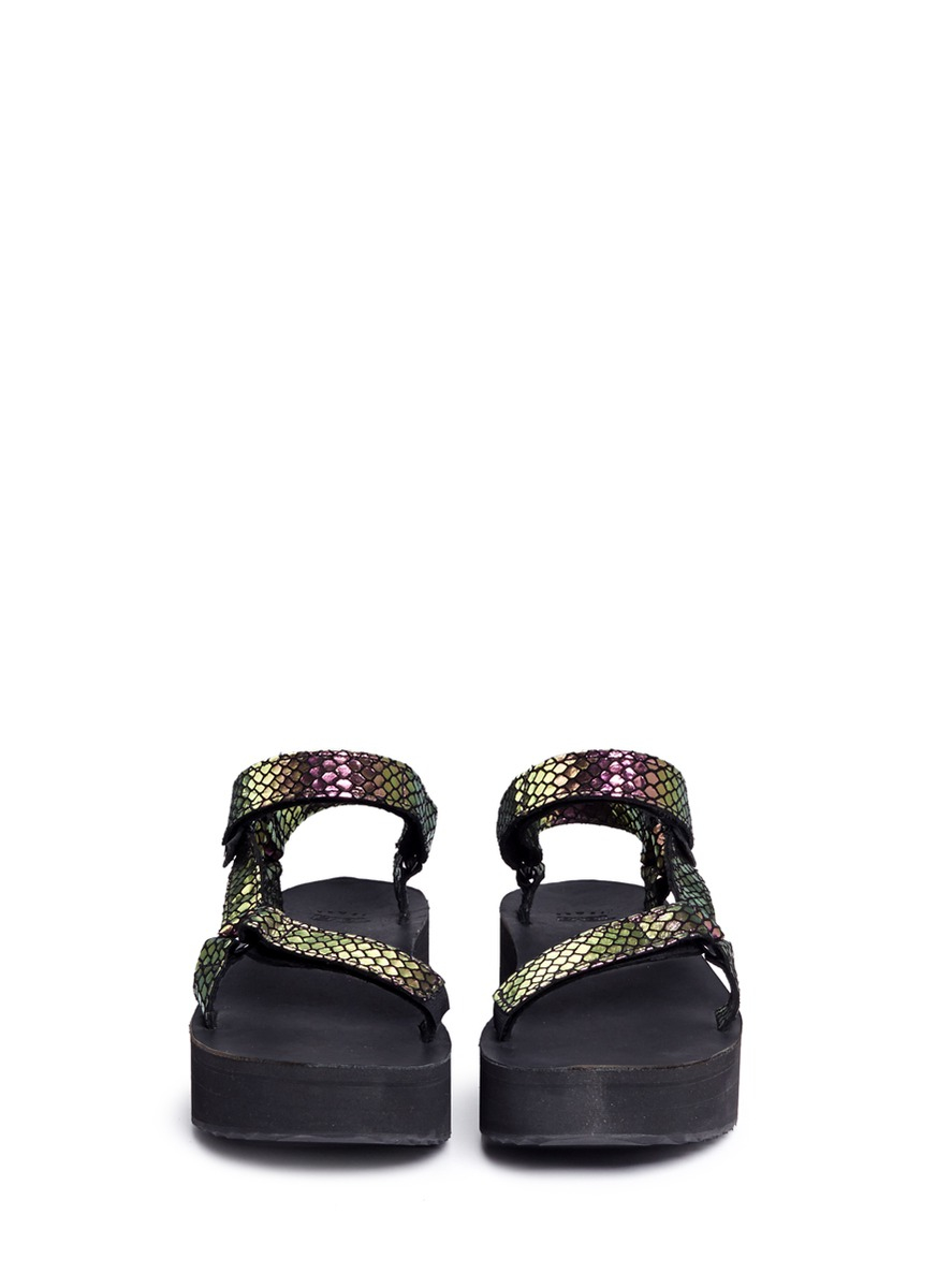 Teva 'flatform Universal Iridescent' Snakeskin Embossed Leather Sandals in  Black | Lyst