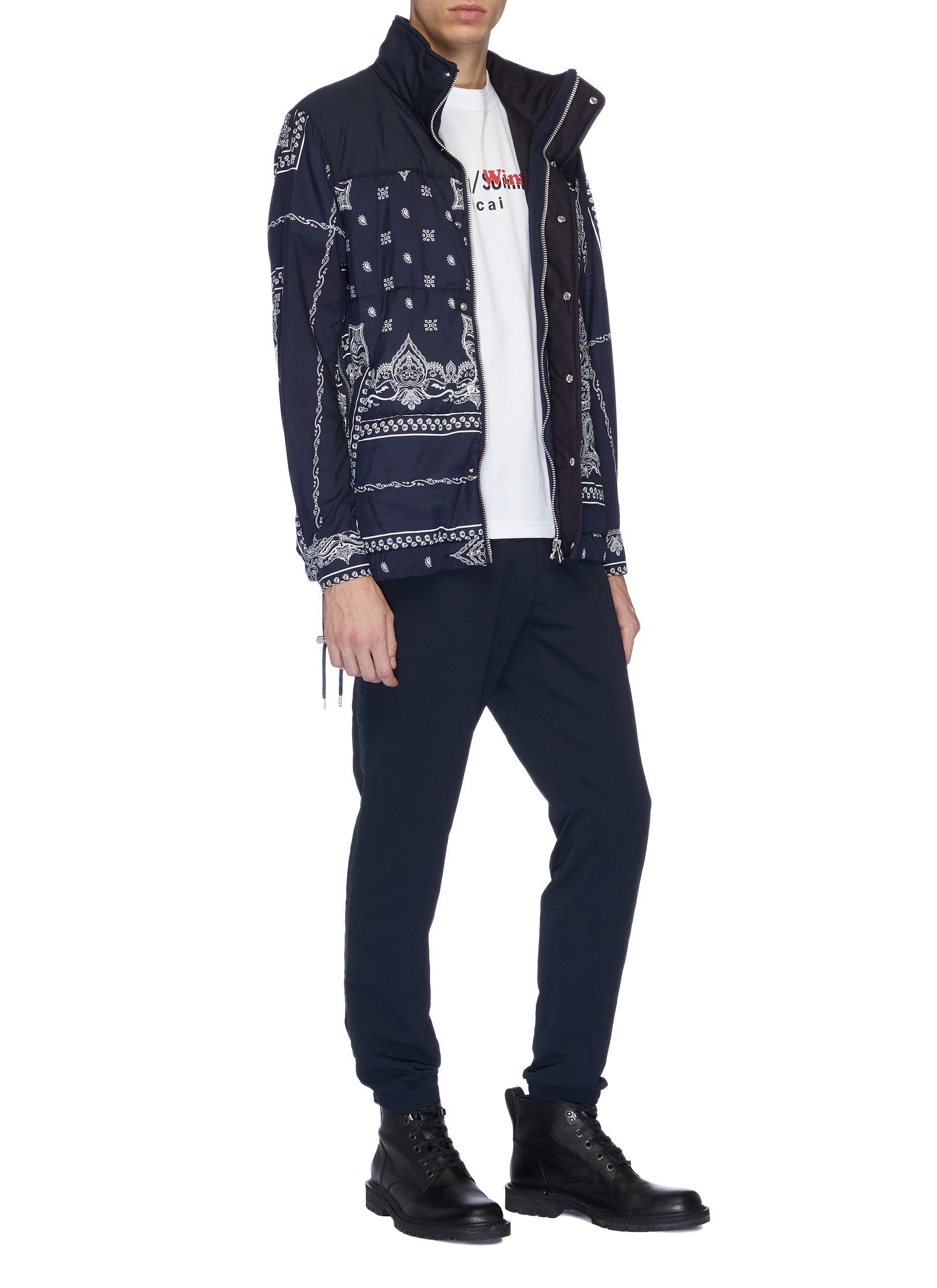 Sacai Cotton Contrast Yoke Bandana Graphic Print Puffer Jacket in Blue
