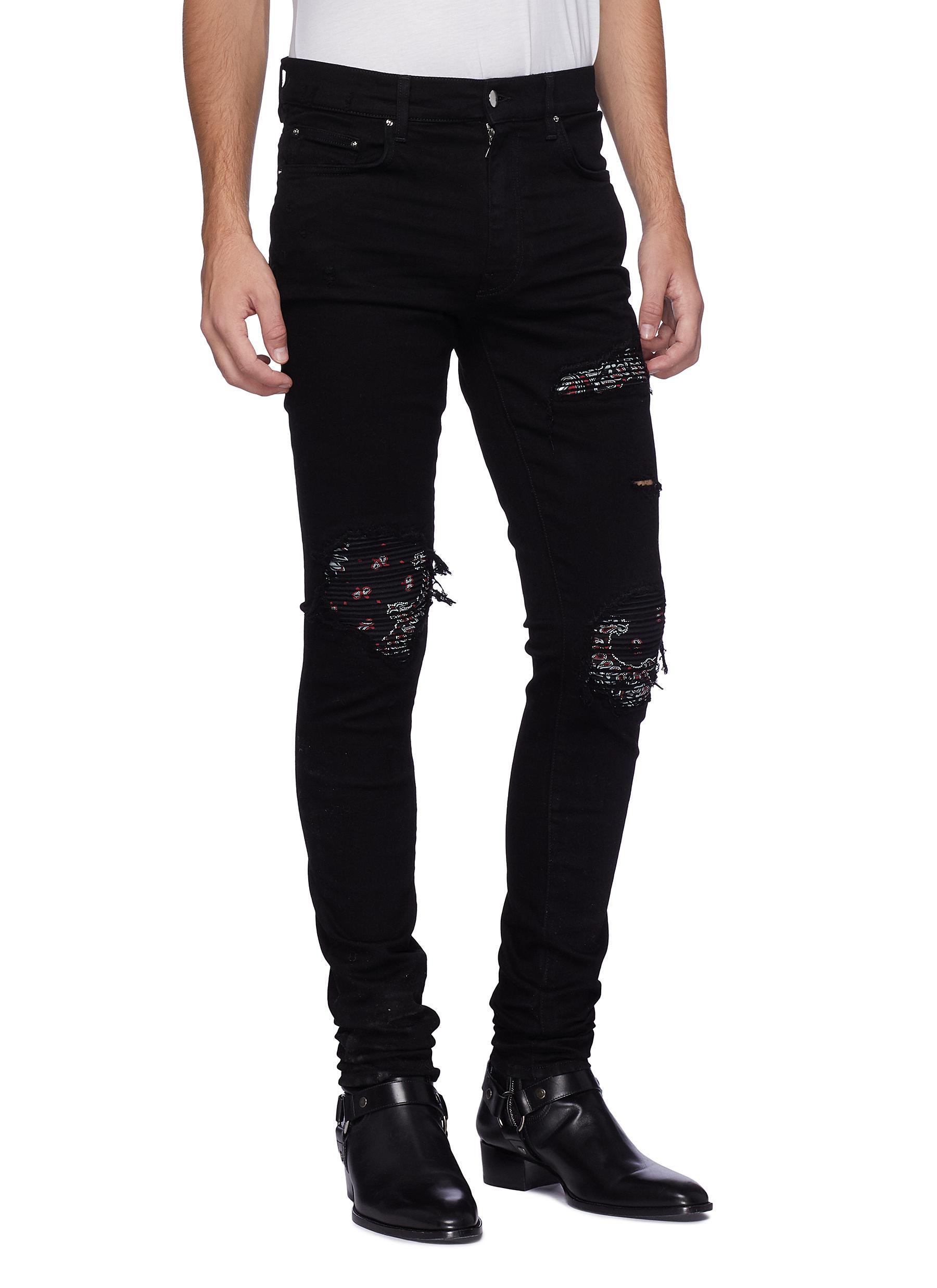 Amiri Denim 'mx1' Pleated Bandana Patch Ripped Skinny Jeans in Black ...