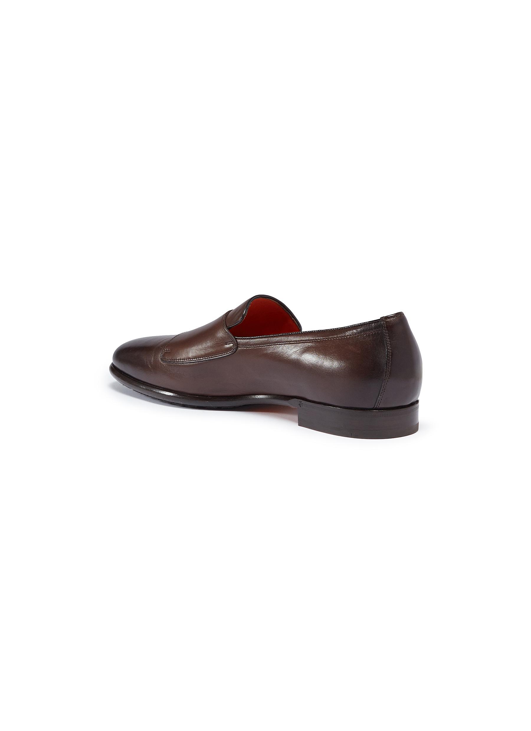 Santoni Double Monk Strap Leather Loafers in Dark Brown (Brown 