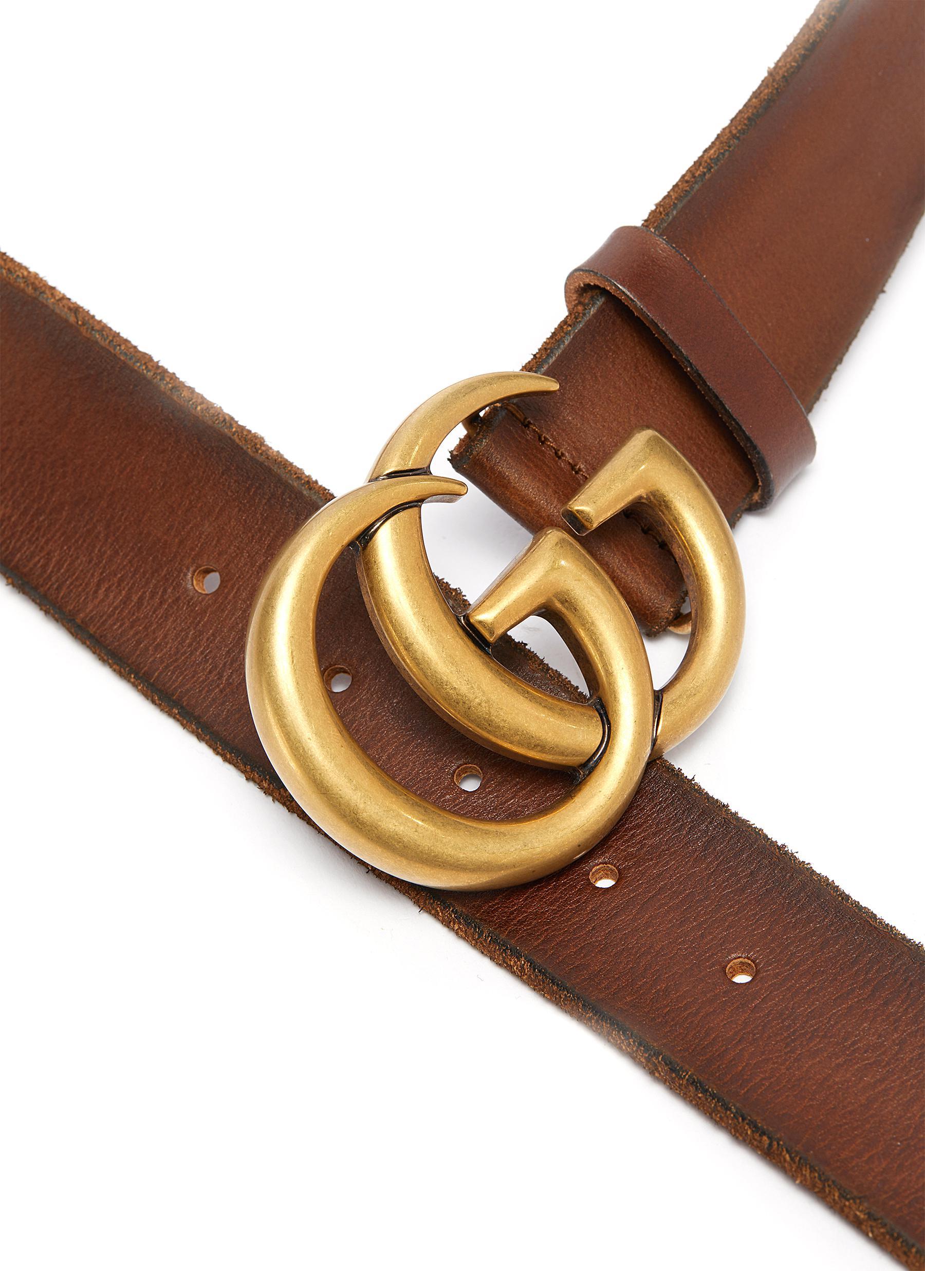Gucci &#39;GG Marmont&#39; Textured Logo Buckle Leather Belt in Brown - Lyst
