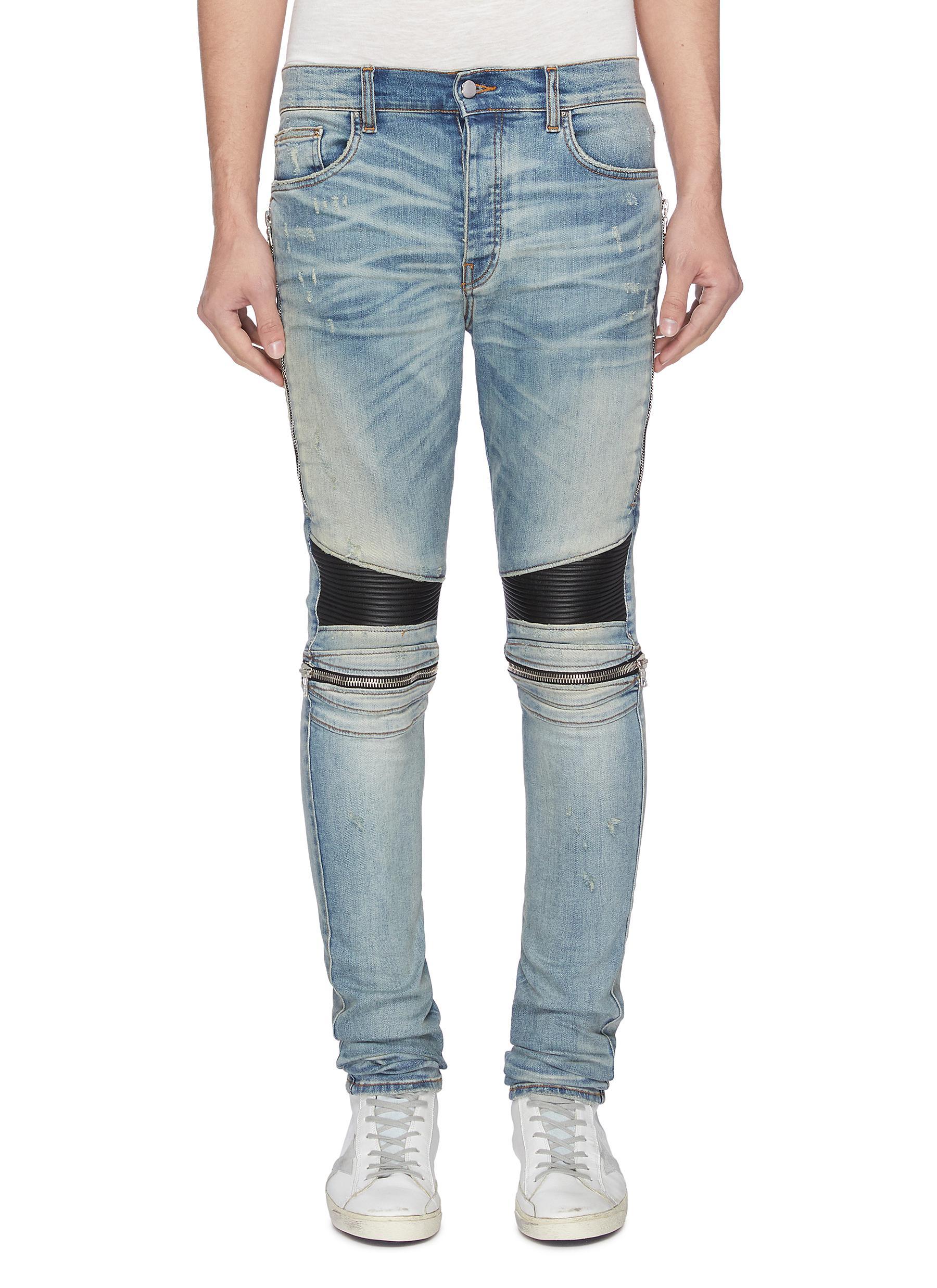 Amiri 'mx2' Pleated Leather Patch Jeans in Blue for Men - Lyst