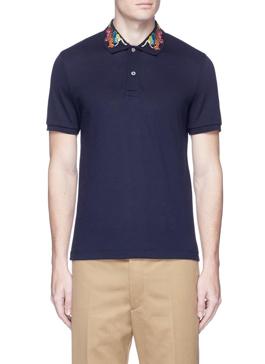 Gucci Dragon Embroidered Piqué Polo Shirt in Blue for Men | Lyst