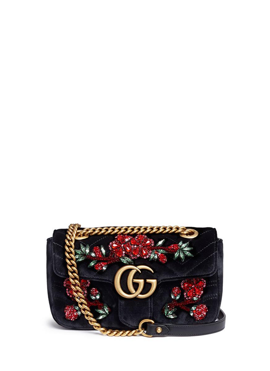 Gucci 'gg Marmont 2.0' Floral Embellished Quilted Crossbody Bag in Black | Lyst