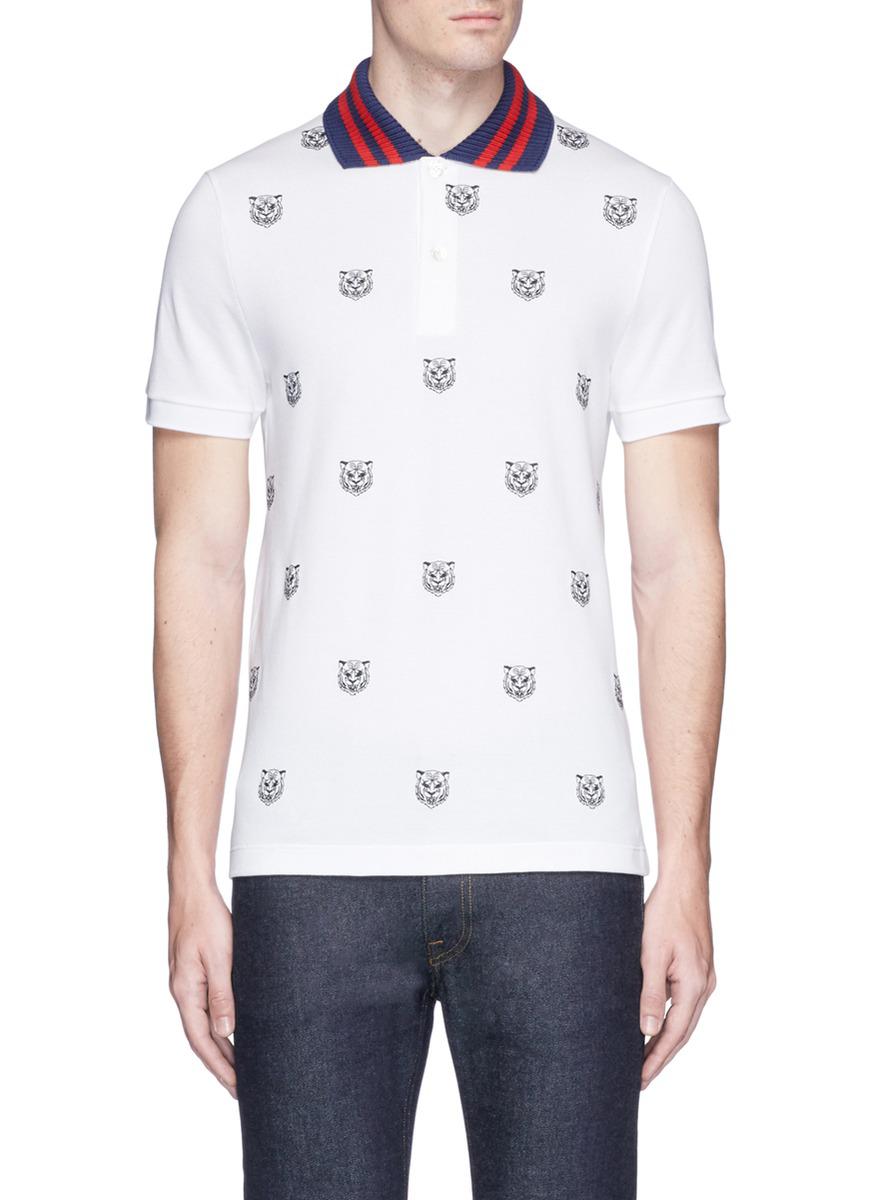Gucci Tiger Embroidered Polo Shirt in White for Men - Lyst