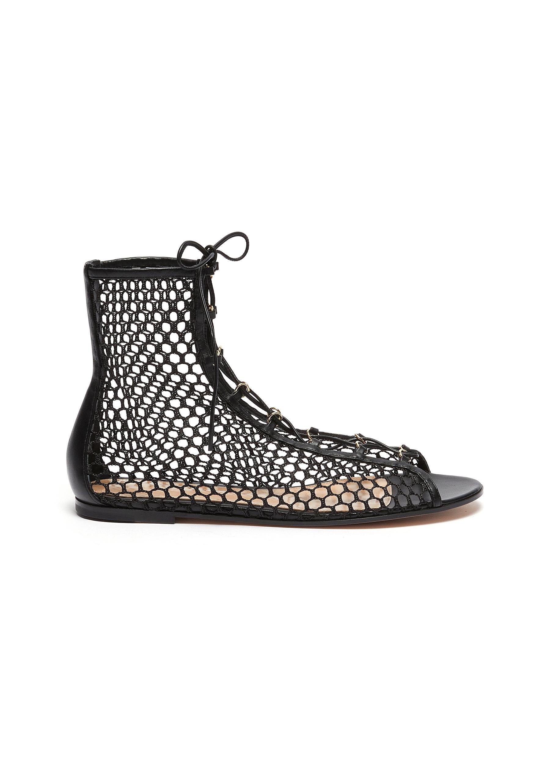 Gianvito Rossi Fishnet Lace Up Flat Leather Boots Women Shoes