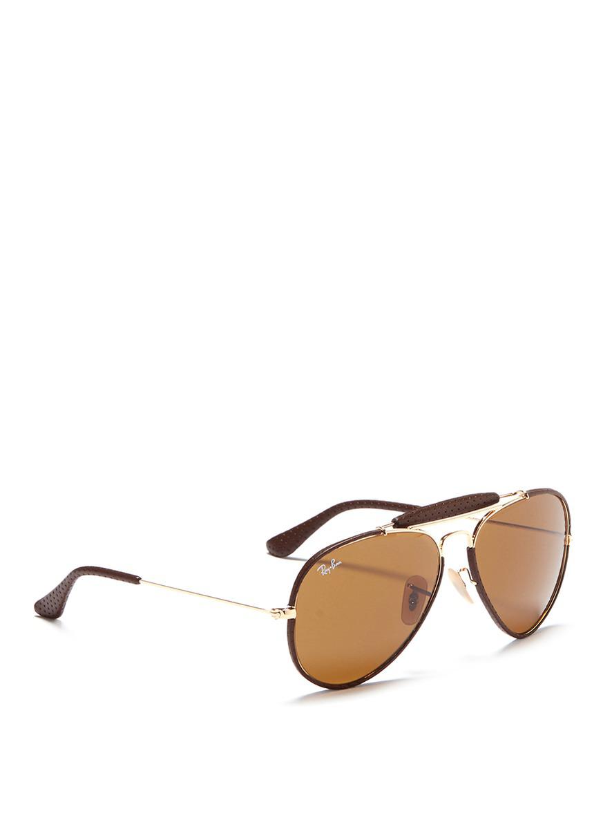Ray-Ban 'outdoorsman Craft' Leather Wrap Metal Aviator Sunglasses in  Metallic | Lyst