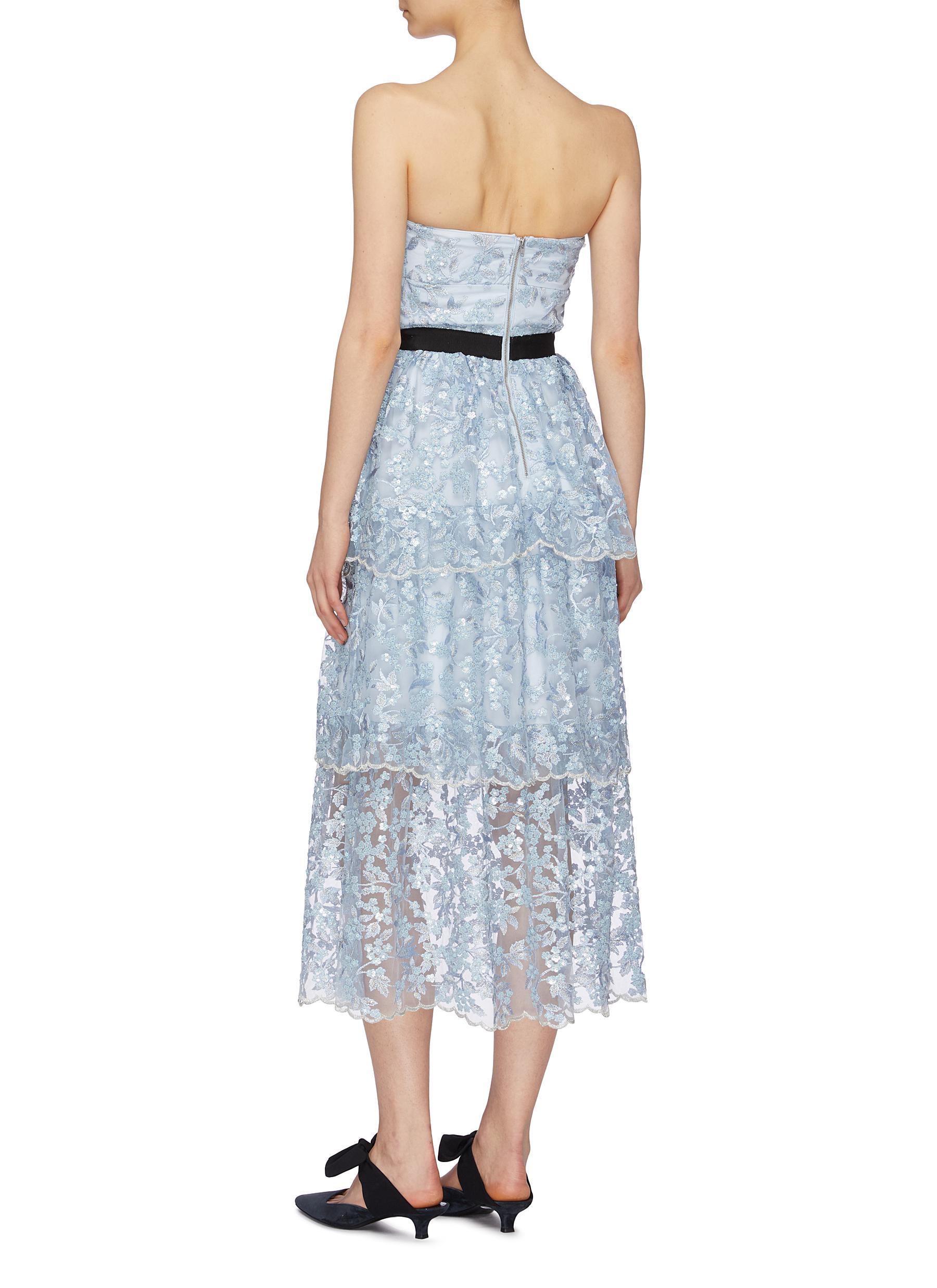 Self-Portrait Synthetic Sequin Floral Tiered Mesh Strapless Midi Dress in Blue - Lyst