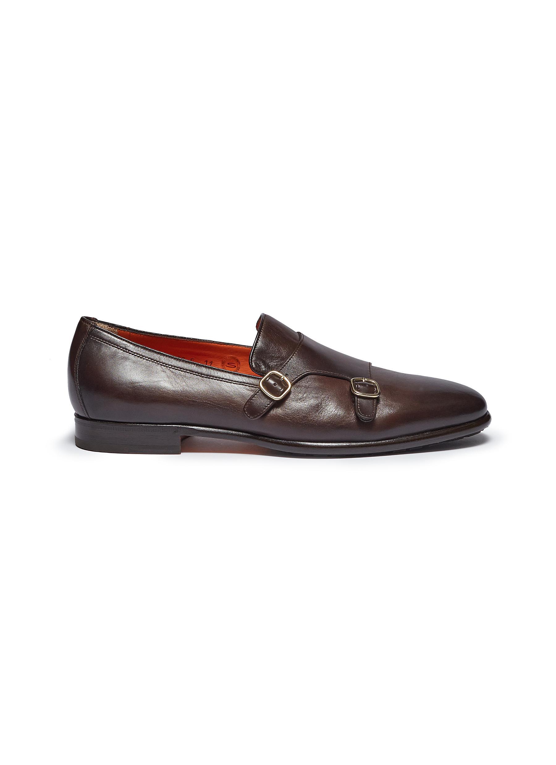 Santoni Double Monk Strap Leather Loafers in Dark Brown (Brown 