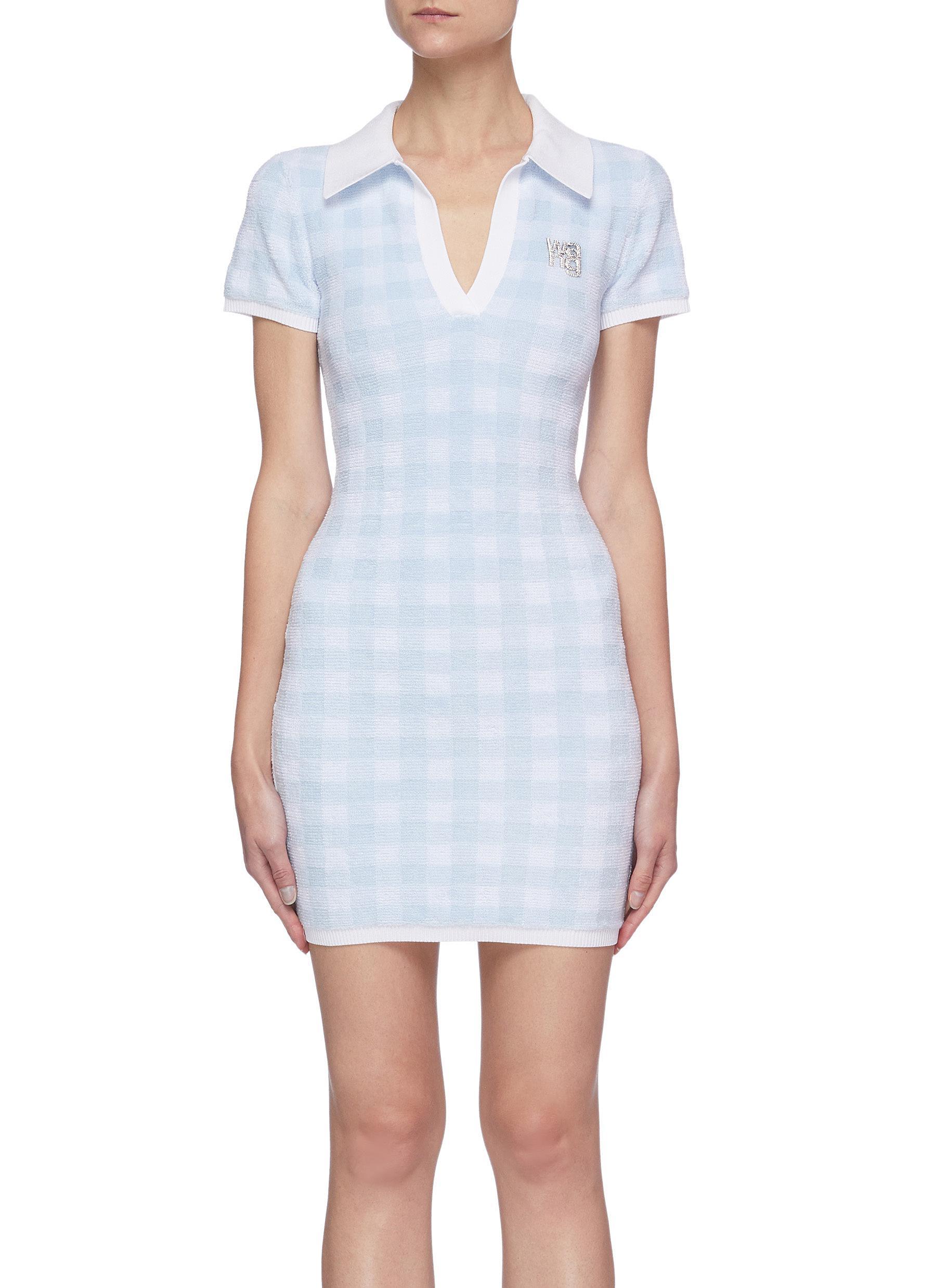 T By Alexander Wang 'towel' Crystal Embellished Logo Brooch Gingham Polo  Dress in Blue | Lyst