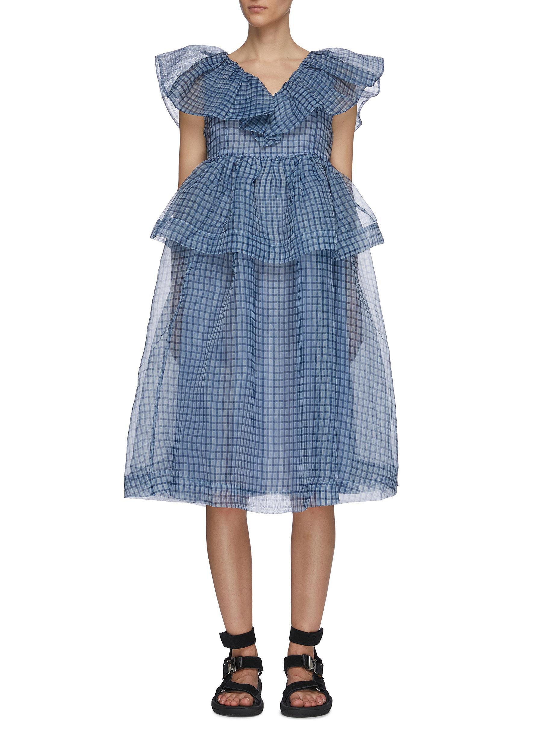 Ganni Gingham Check Ruffle Organza Sleeveless Dress in Blue | Lyst