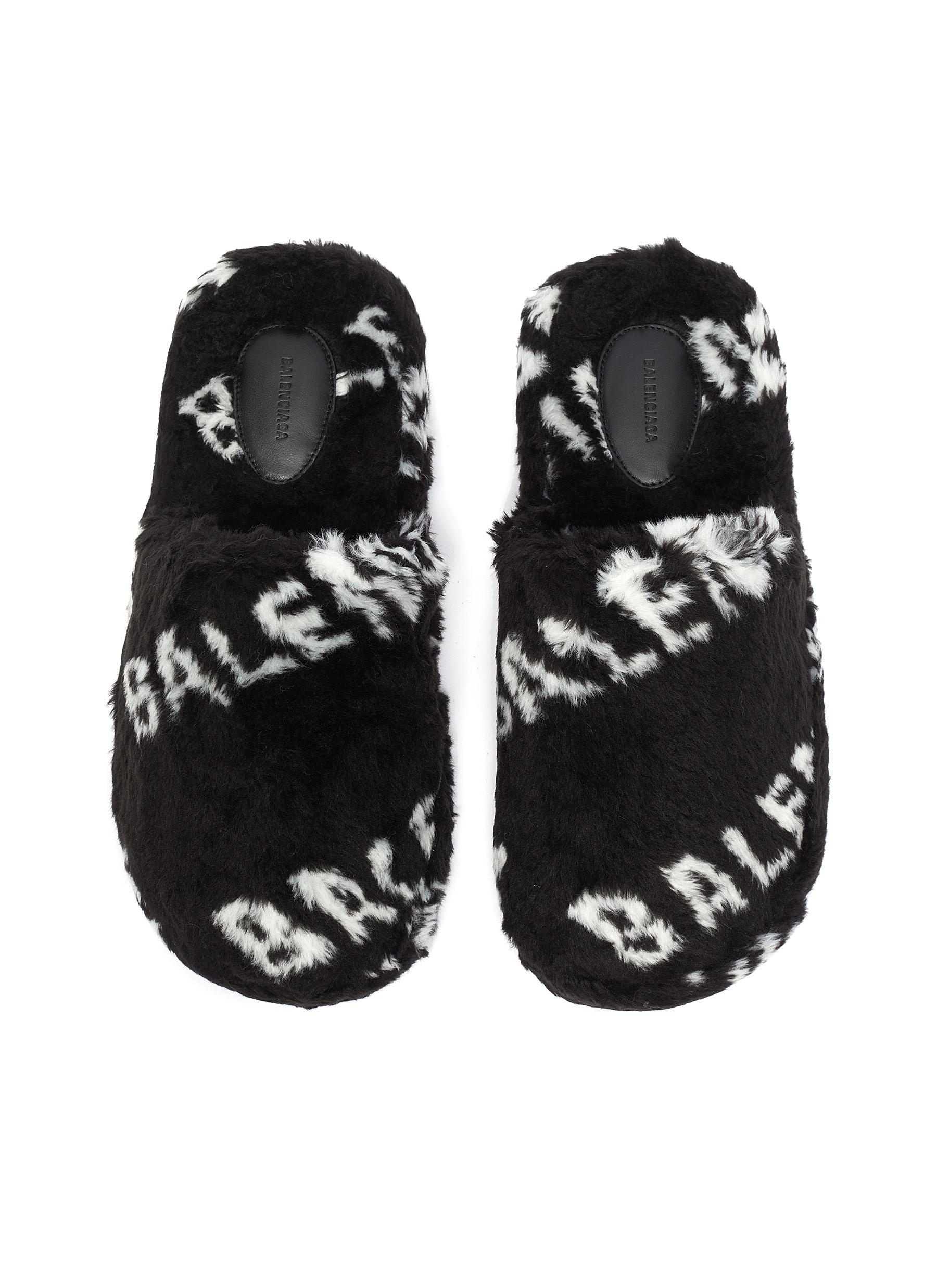 Balenciaga Faux Fur Slides in Black | Lyst