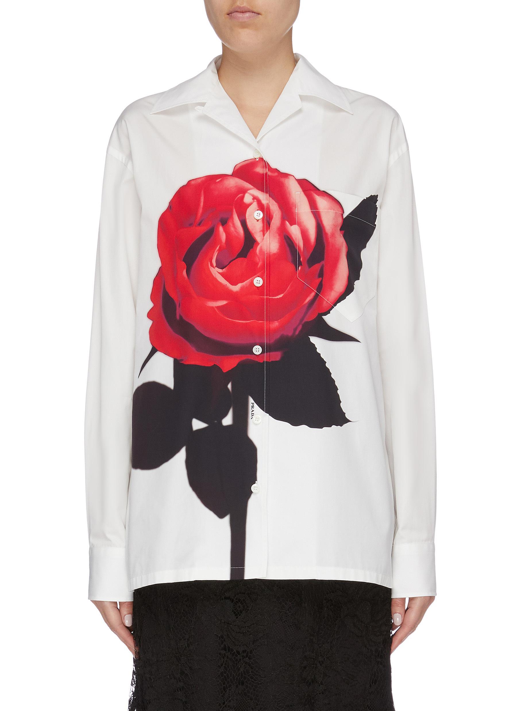 Prada Rose Print Shirt in White | Lyst