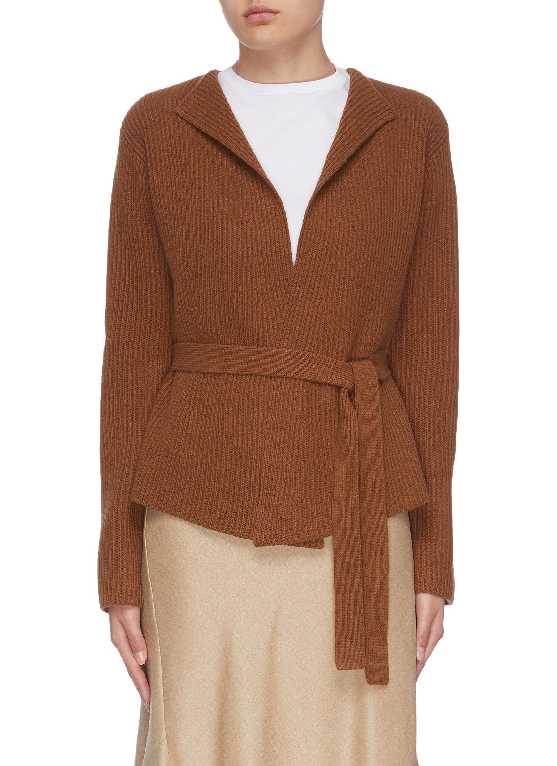 Theory Wool Belted Rib Knit Jacket in Brown Save 50 Lyst