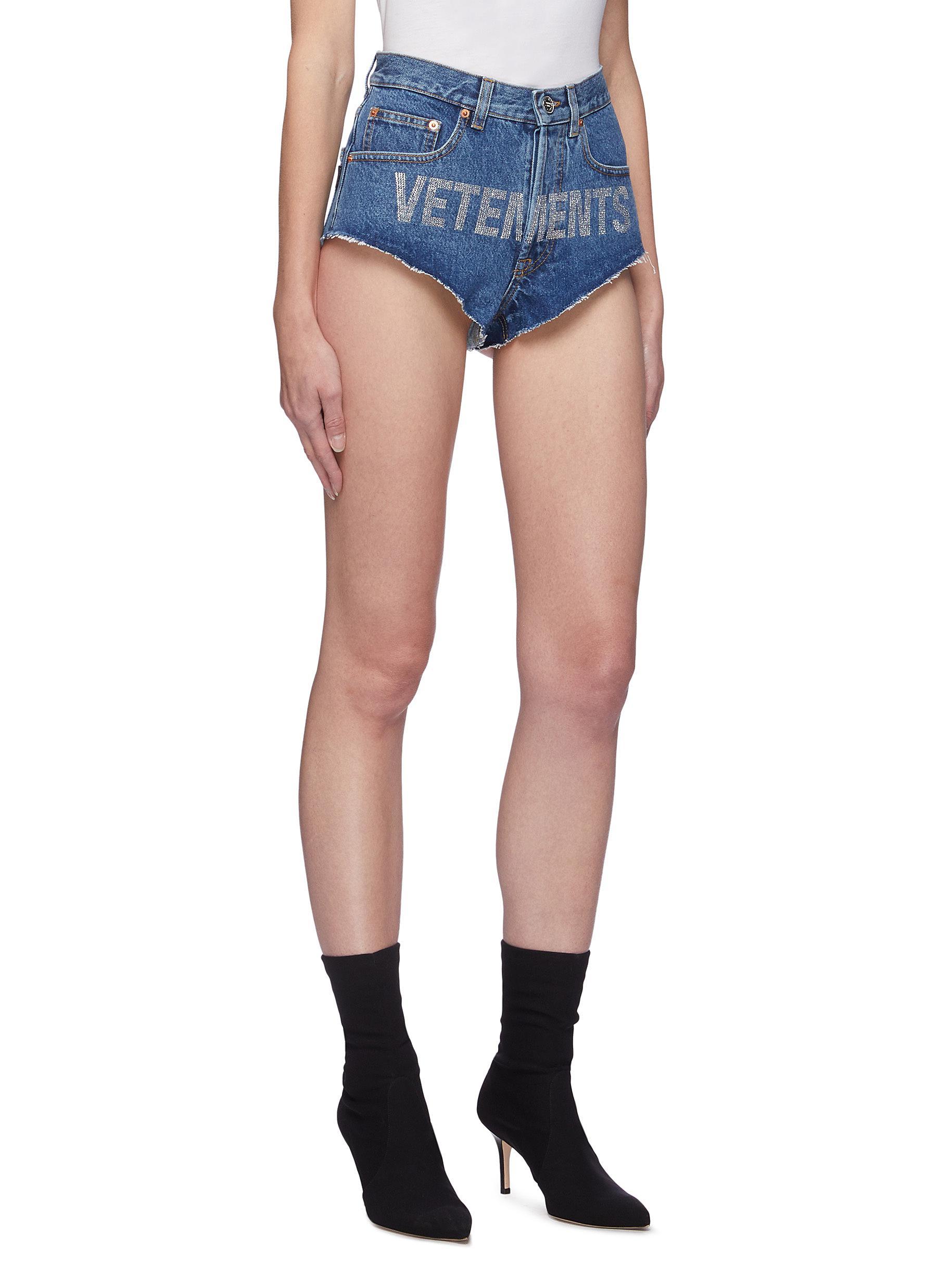 Vetements Rhinestone Logo High Cut Denim Hot Pants in Blue | Lyst