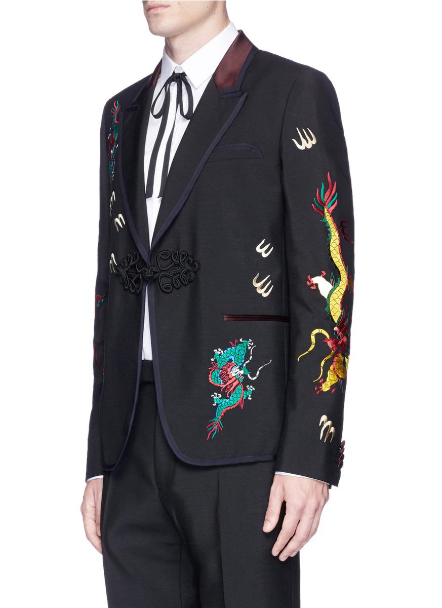 Gucci Dragon Embroidered Wool-mohair Blazer in Black for Men | Lyst