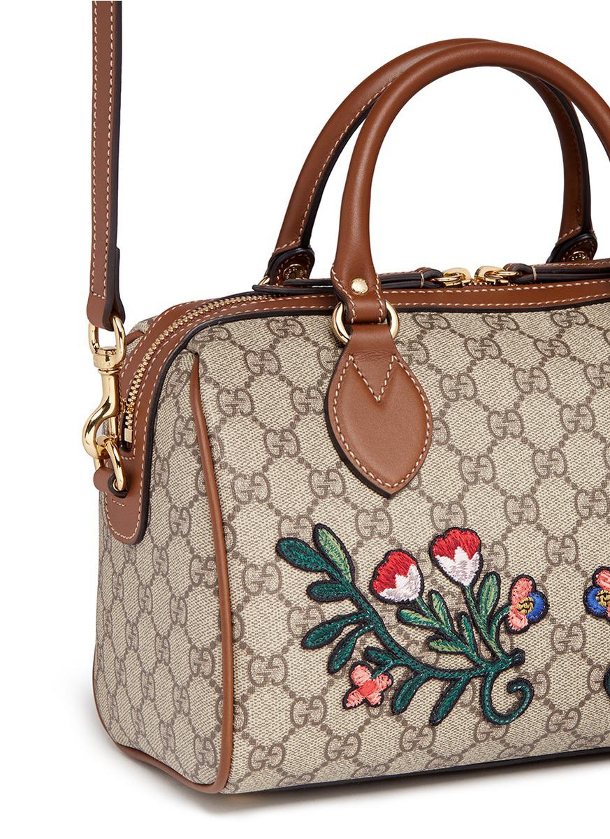 Gucci 'linea A' Small Floral Embroidered Gg Supreme Boston Bag | Lyst