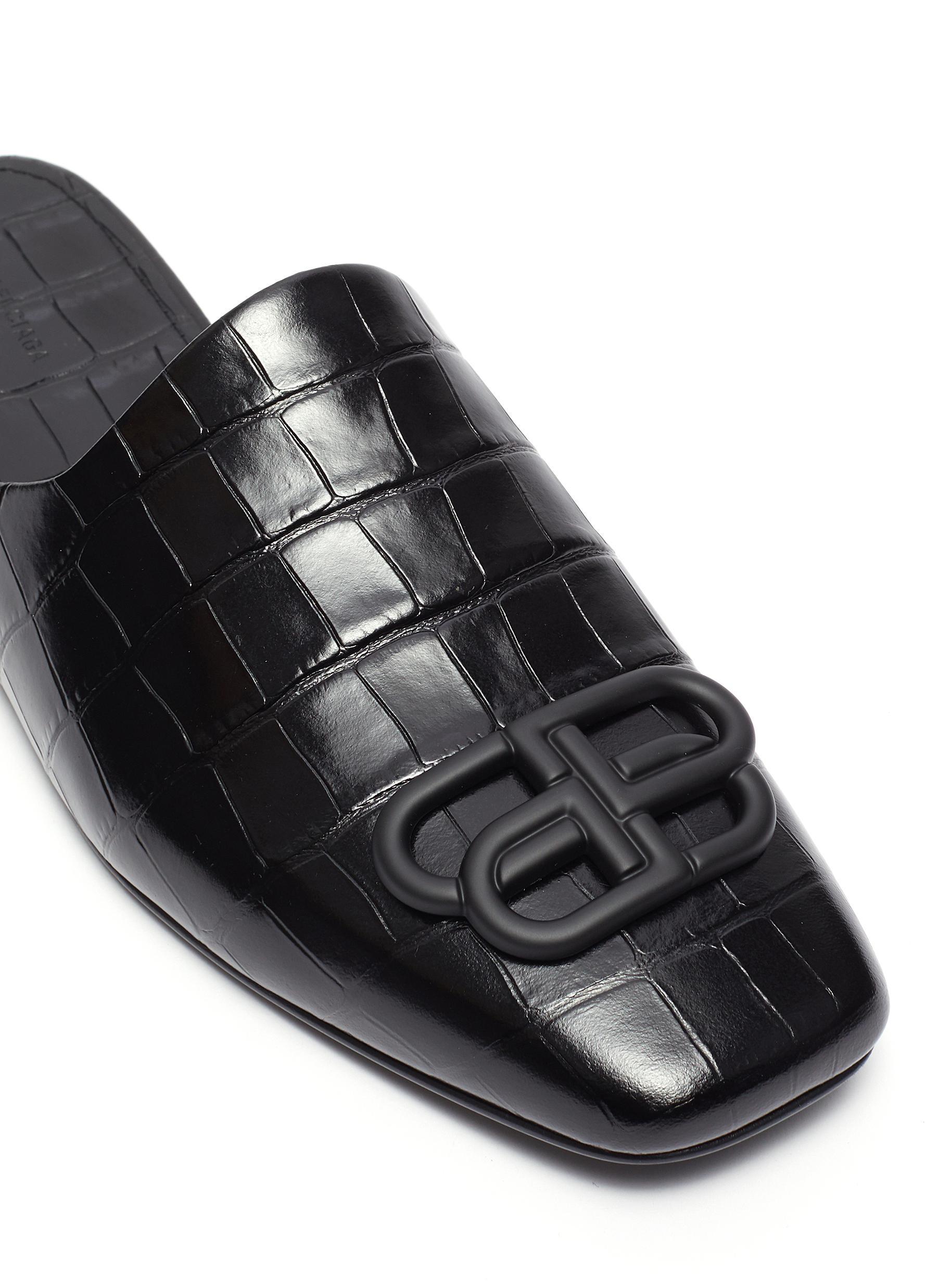 Balenciaga 'cosy' Bb Logo Embellished Croc Embossed Leather Mules in