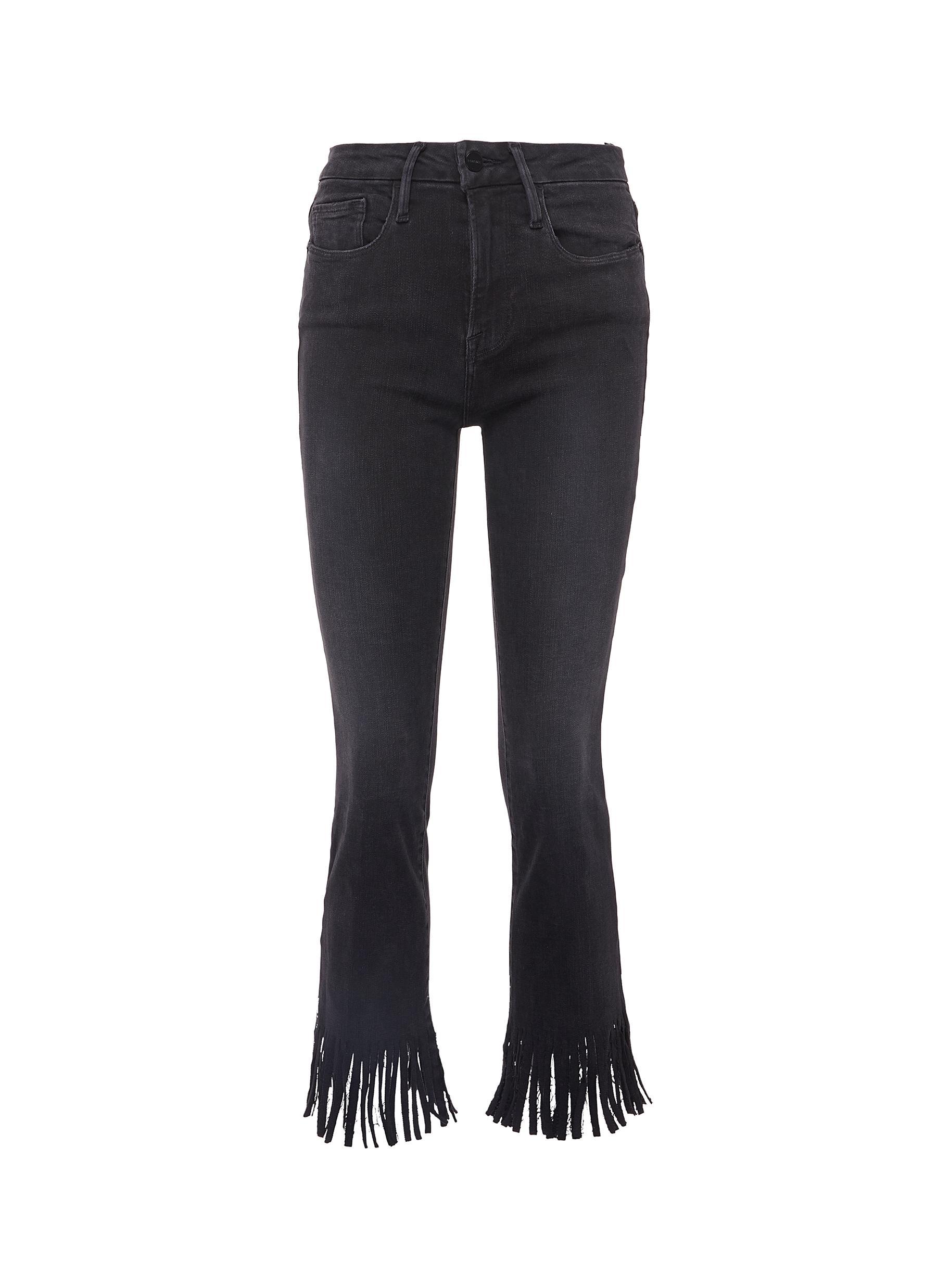 FRAME Le Crop Mini Boot Fringe Denim Jeans in Washed Black (Black) - Lyst