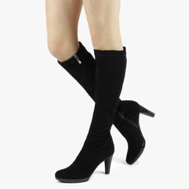 black fabric knee high boots